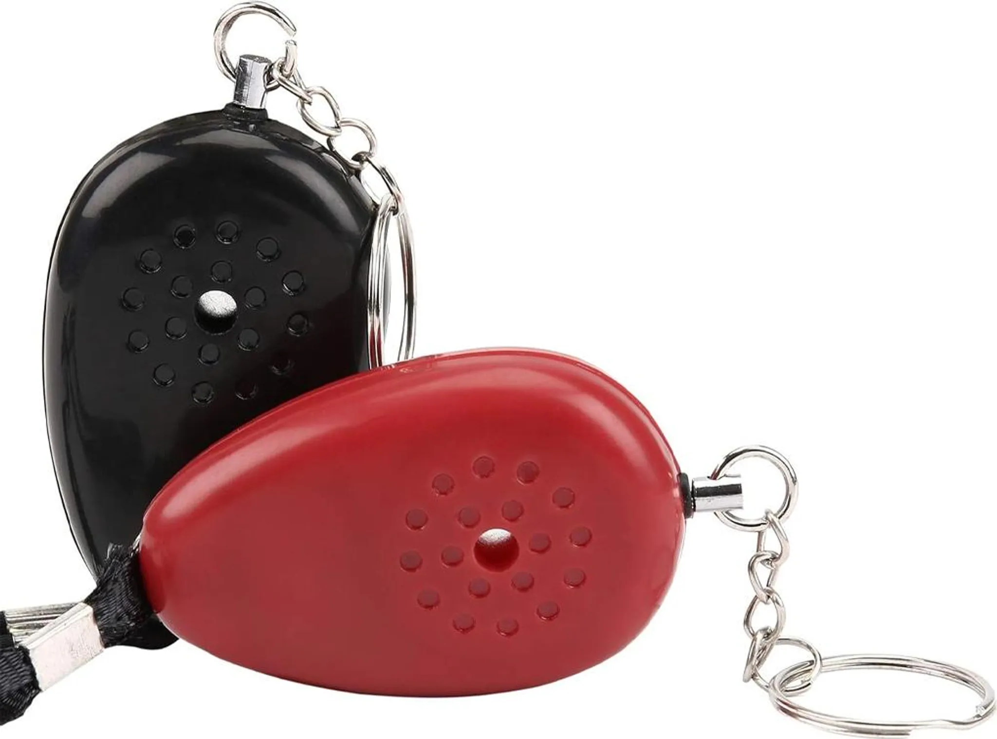 Zwei Schlüsselanhänger. Einer schwarz, einer rot. Beide oval mit einem Loch und Löchern. Sie haben eine Kette und einen Schlüsselring.