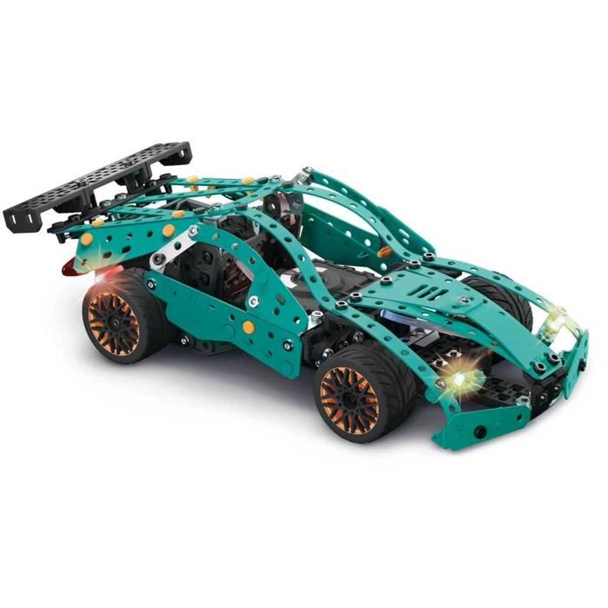 Ein tealfarbenes Spielzeugauto mit schwarzen und goldenen Rädern, einem Spoiler und Lichtern. Es besteht aus ineinandergreifenden Teilen.