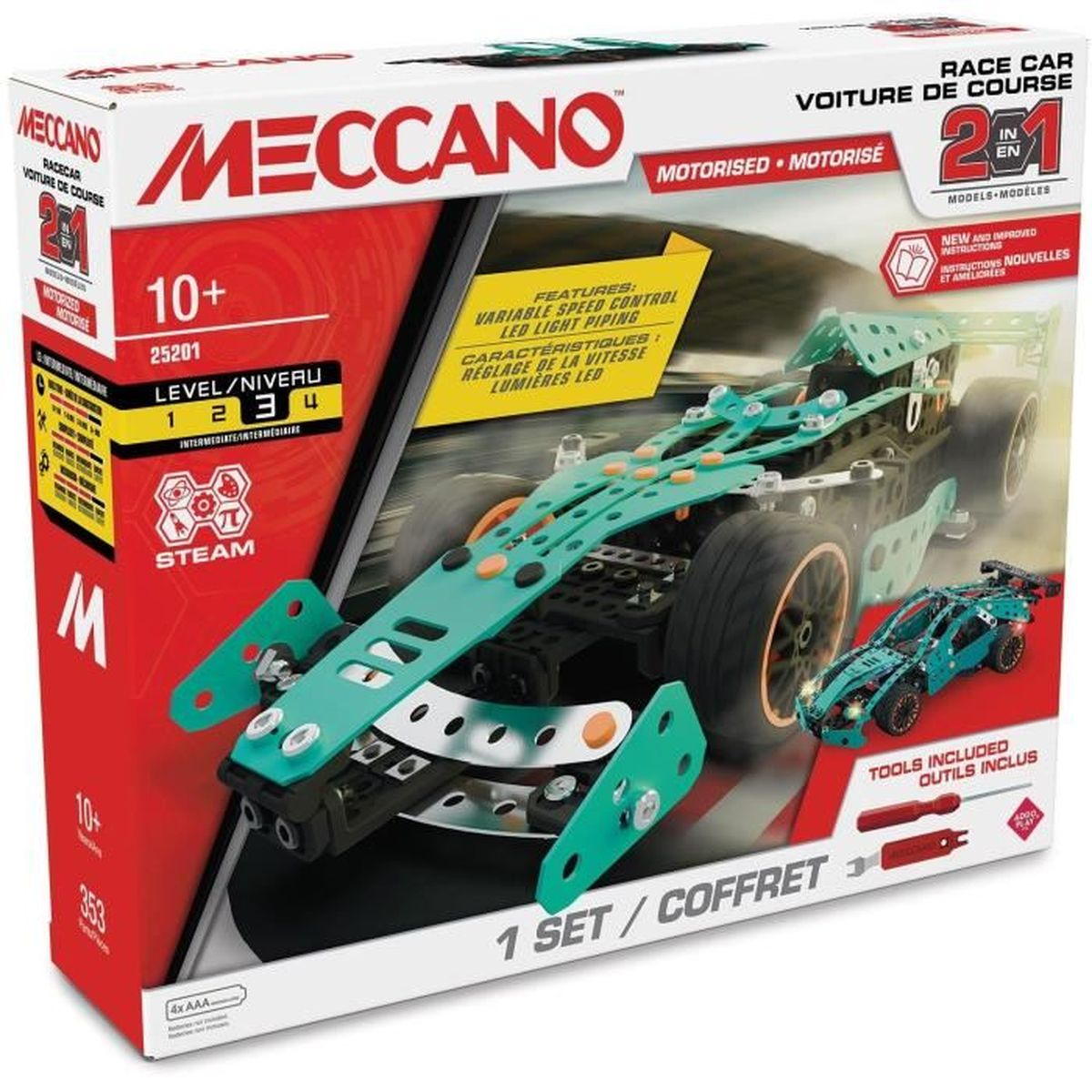 Schachtelkunst für ein Meccano-Rennwagen-Set. Die Box zeigt ein gebautes Auto, Teile und Funktionen wie LED-Leuchten.