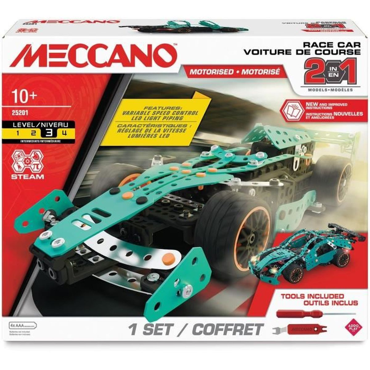 Meccano-Rennwagen-Bausatz. Enthält Teile zum Bau eines motorisierten Autos. Box-Merkmale und das gebaute Auto.