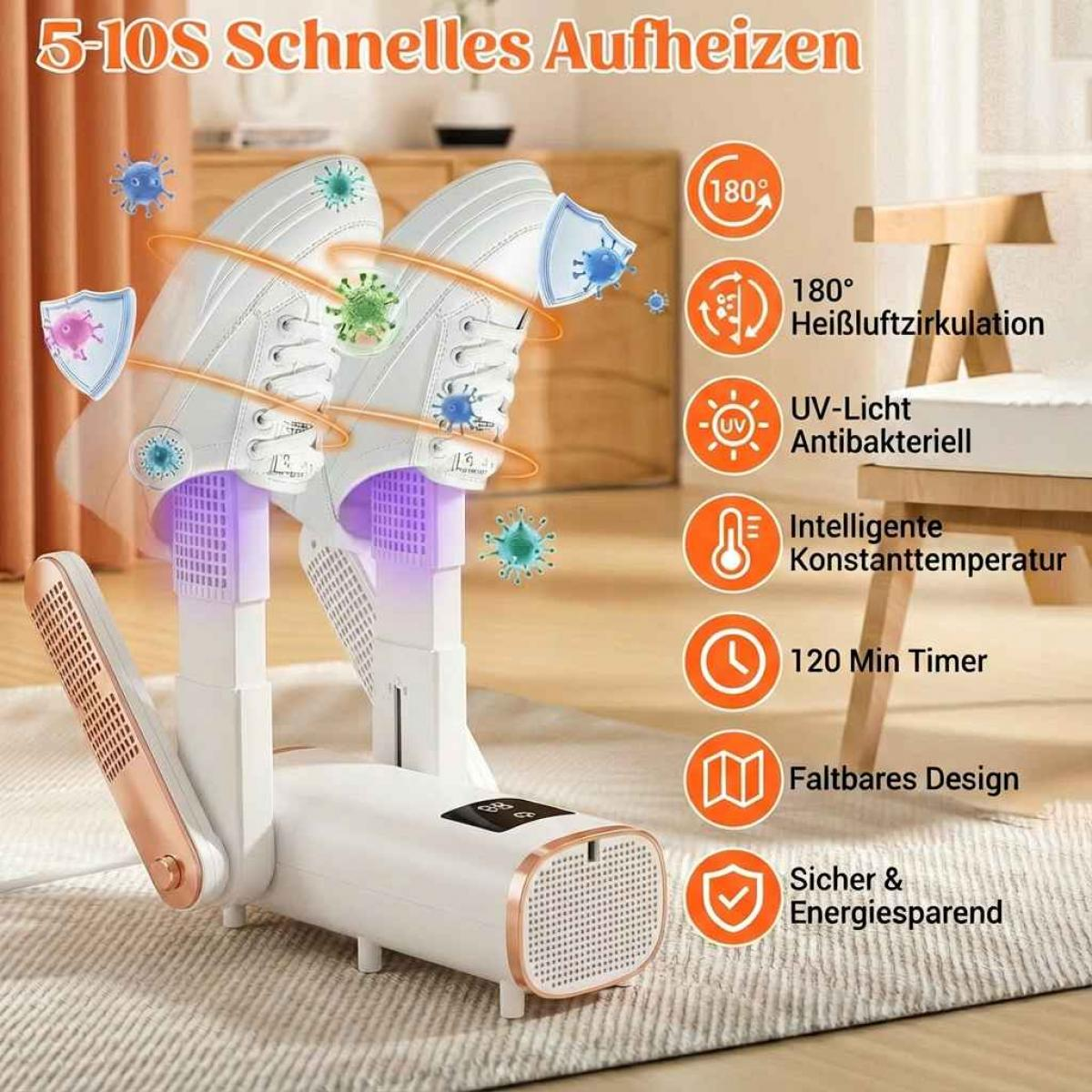 Ein weißer Schuhtrockner mit zwei Schuhen darauf. Er hat einen Timer und antibakterielle Eigenschaften. Text auf Deutsch ist ebenfalls sichtbar.