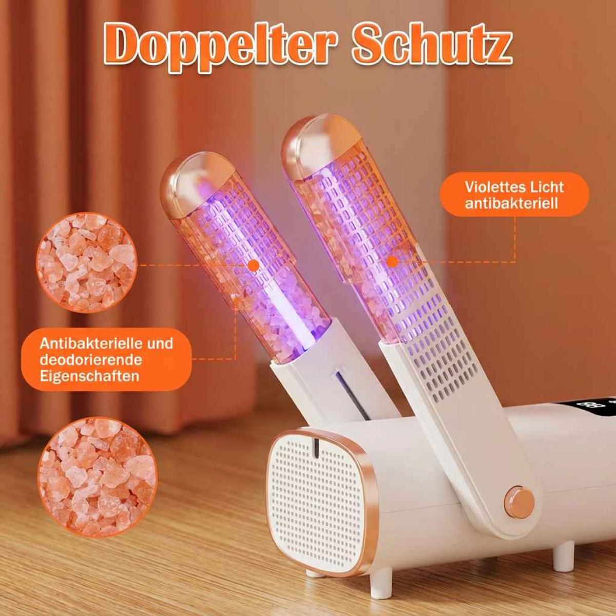 Ein weißer Luftreiniger mit zwei Röhren, die violettes Licht emittieren. Er hat deutschen Text und rosa Salzkristalle.