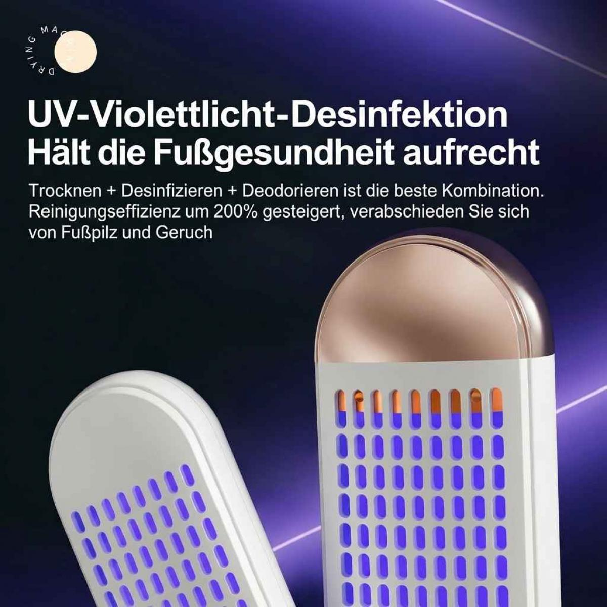 Das Bild zeigt ein Fußgesundheitsgerät mit UV-Licht zur Desinfektion. Text hebt Trocknungs-, Desinfektions- und Deodorierungsvorteile hervor.