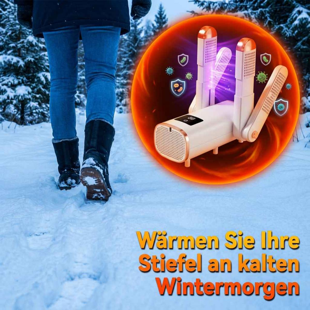 Person geht im Schnee. Werbung zeigt einen weißen Stiefeltrockner mit orangefarbenen Akzenten. Text: Wärmen Sie Ihre Stiefel an kalten Wintermorgen.