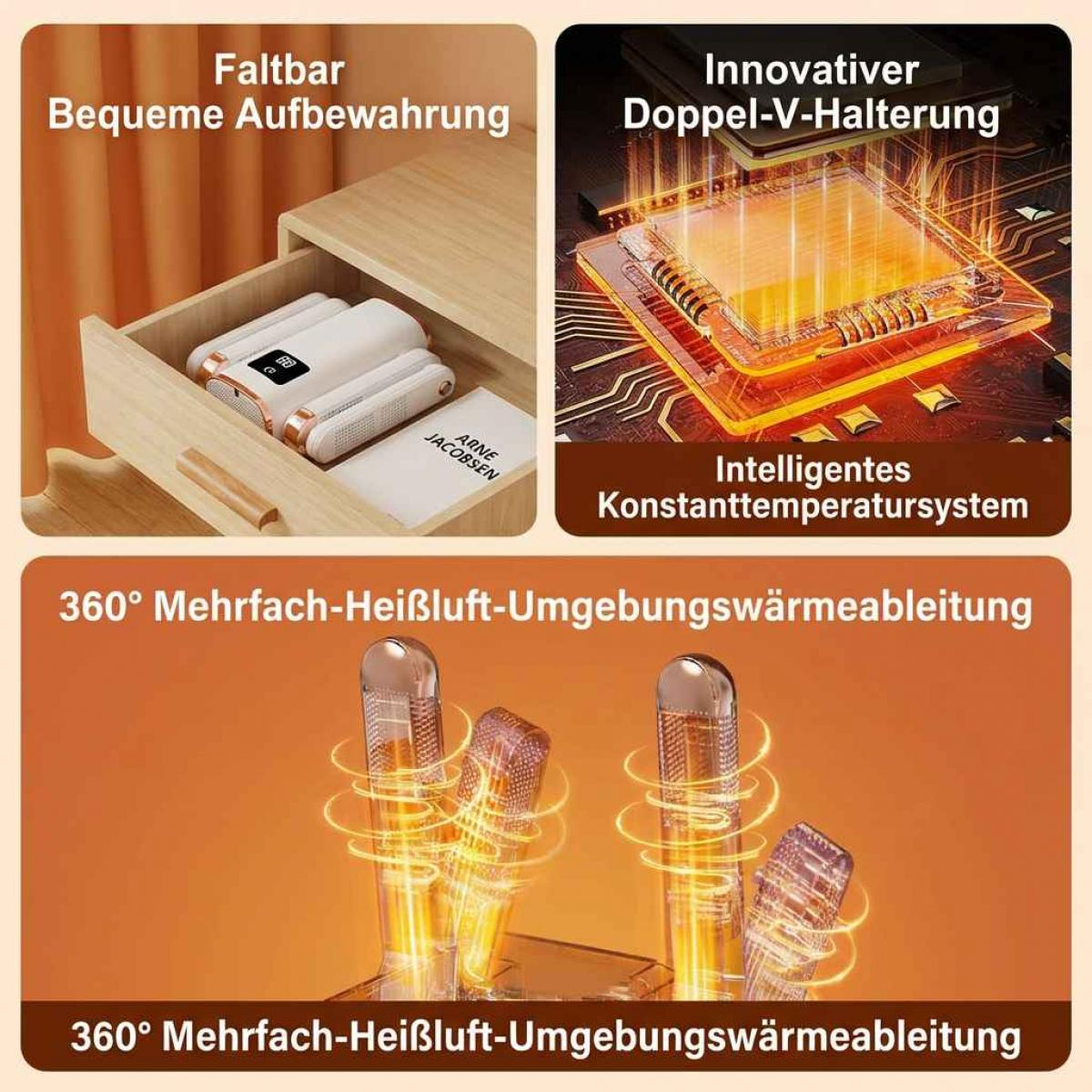 Das Bild zeigt eine Schublade mit einem Gerät, eine Leiterplatte und ein Gerät mit Wärmeableitung. Text auf Deutsch beschreibt Merkmale.