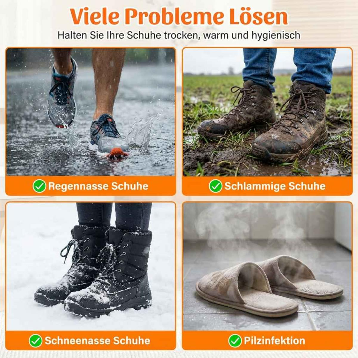 Das Bild zeigt vier Szenarien: nasse Schuhe im Regen, schlammige Stiefel, schneebedeckte Stiefel und Hausschuhe mit Dampf.