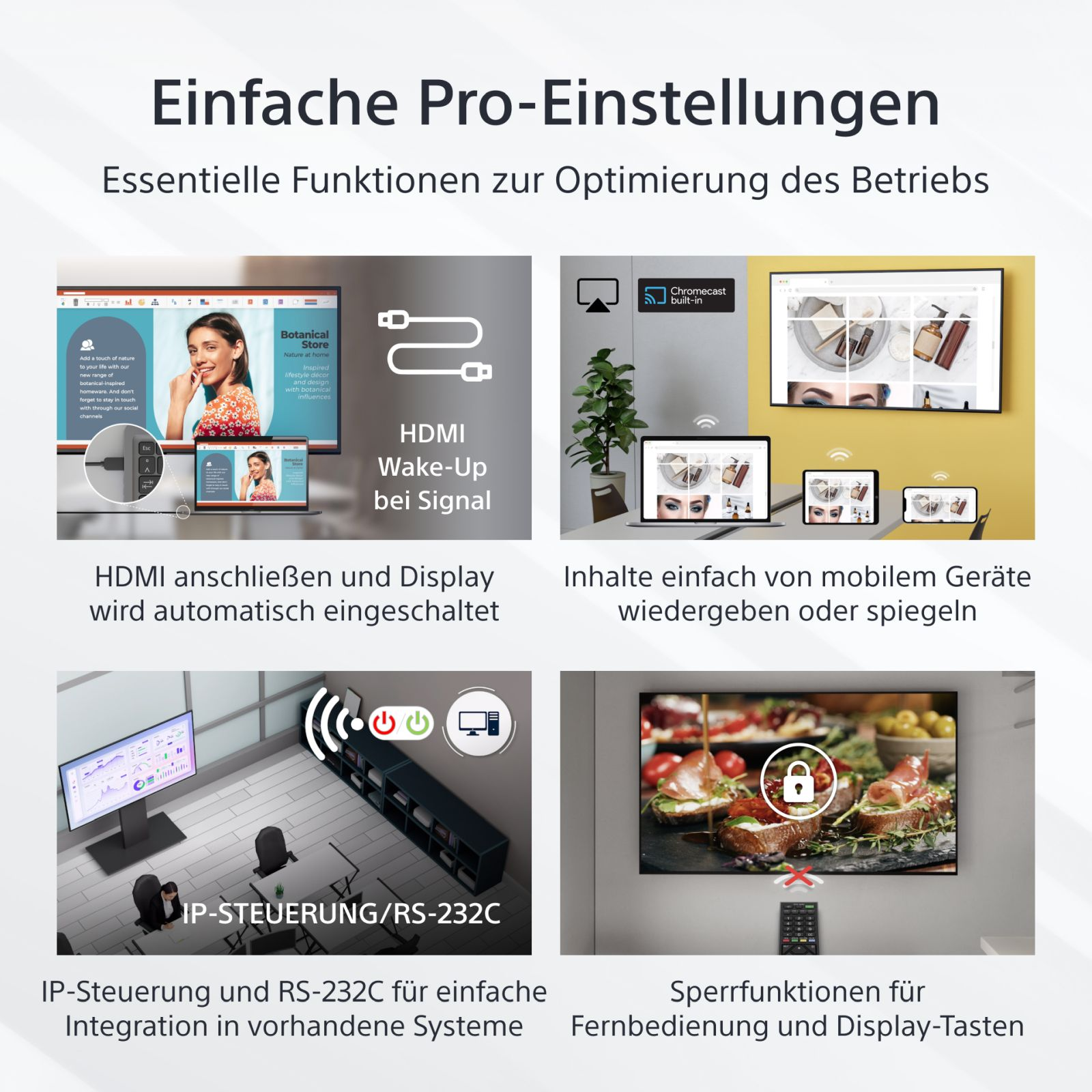 L'immagine mostra una panoramica del prodotto con diverse funzionalità come HDMI, Chromecast, controllo IP e blocco remoto.