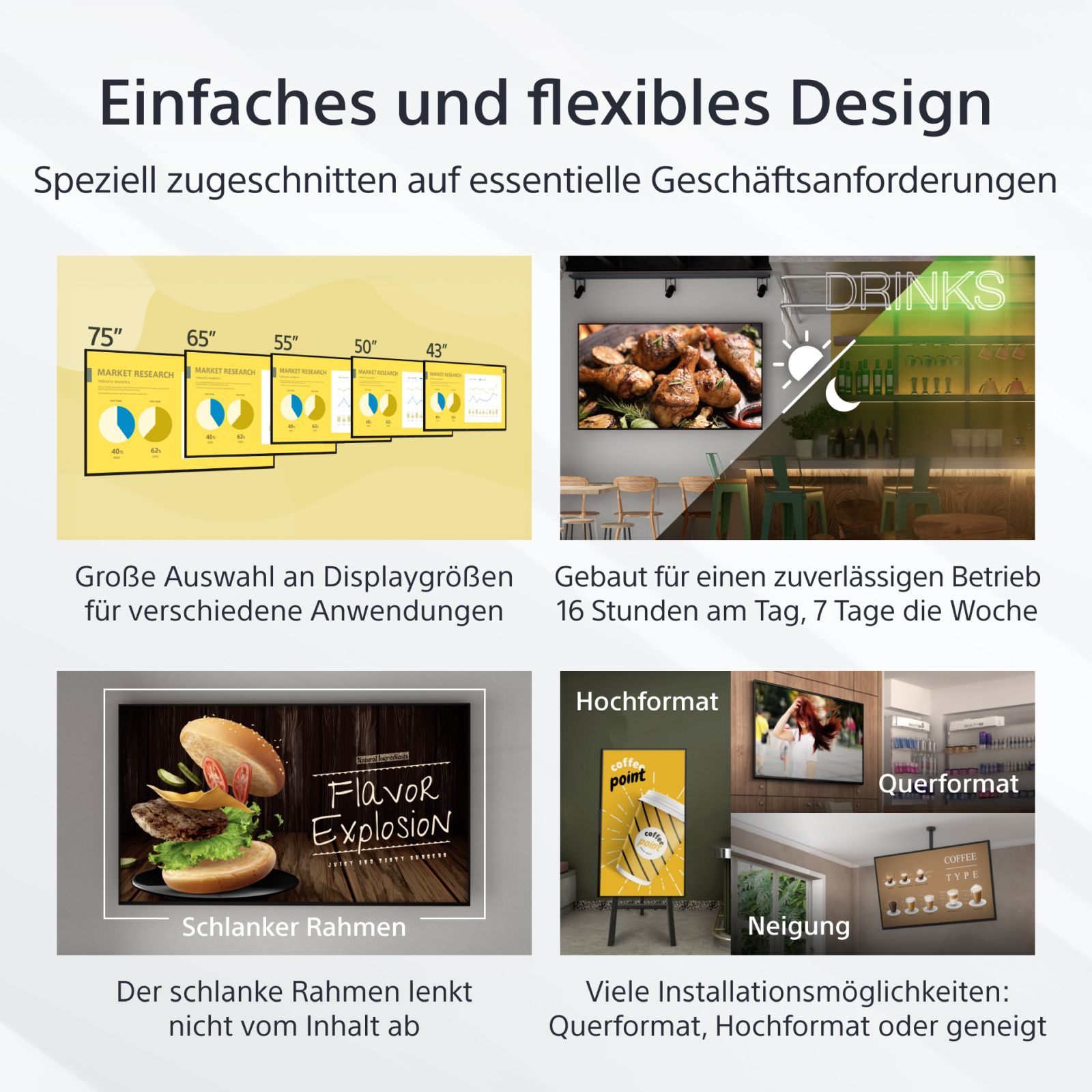 L'immagine mostra un display di diverse dimensioni, una scena di ristorante, un hamburger e insegne di caffetteria.