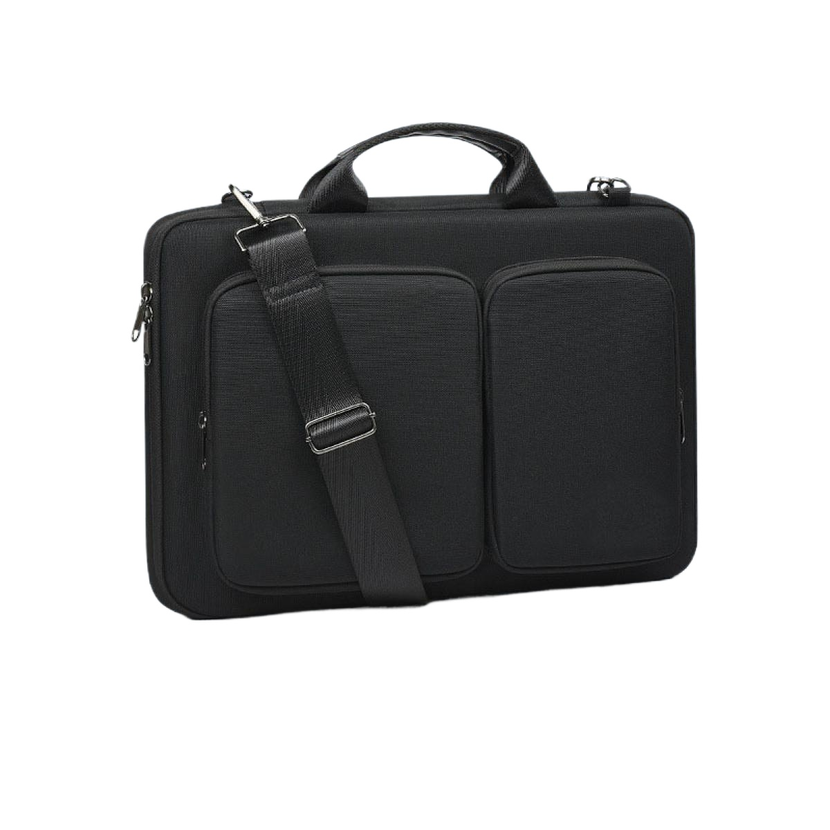 Eine schwarze Laptoptasche mit Schultergurt. Die Tasche hat einen Griff und zwei Vordertaschen. Sie befindet sich auf weißem Hintergrund.