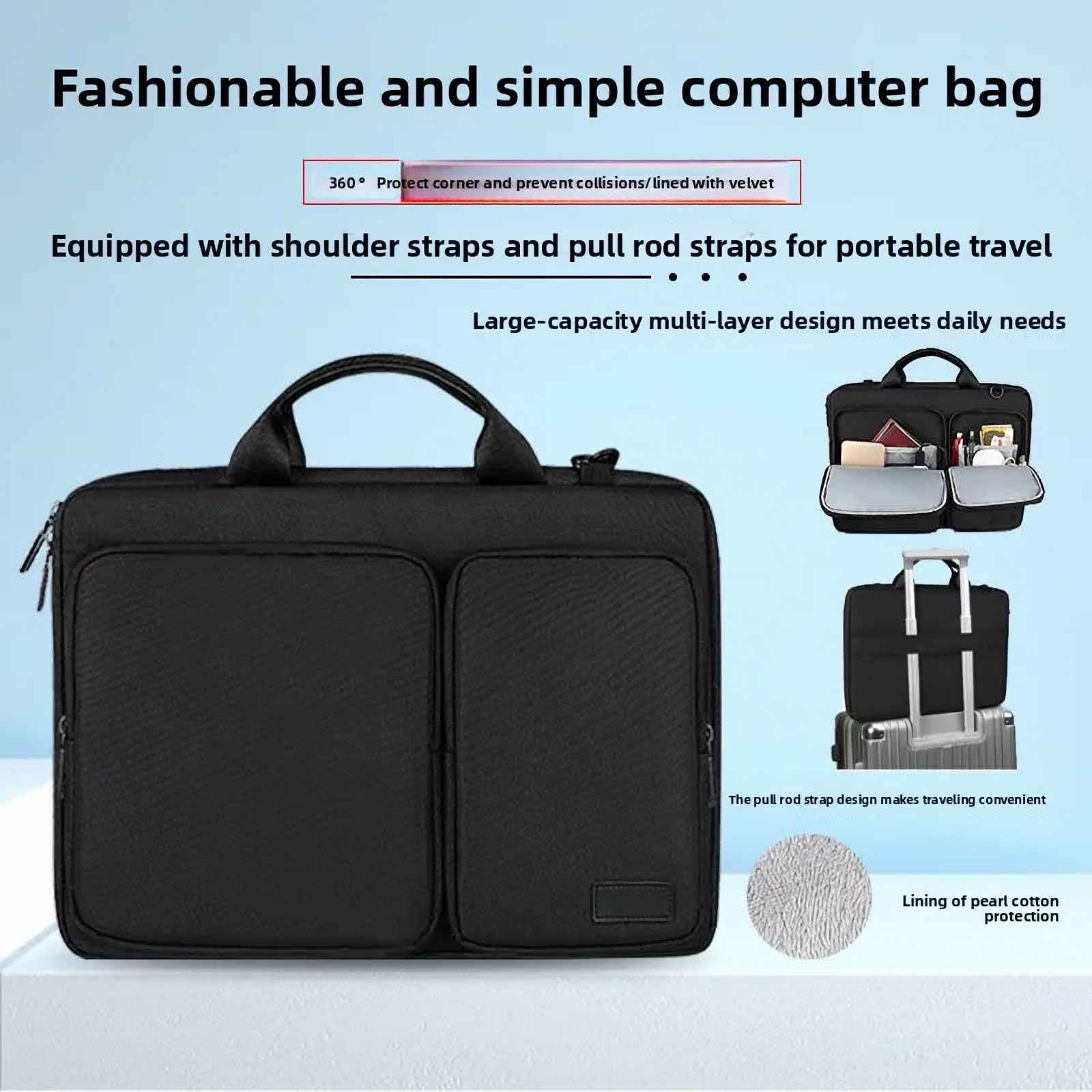 Schwarze Computertasche. Merkmale: Schultergurte, Zugstangenriemen, mehrschichtiges Design und Perlwollschutz.