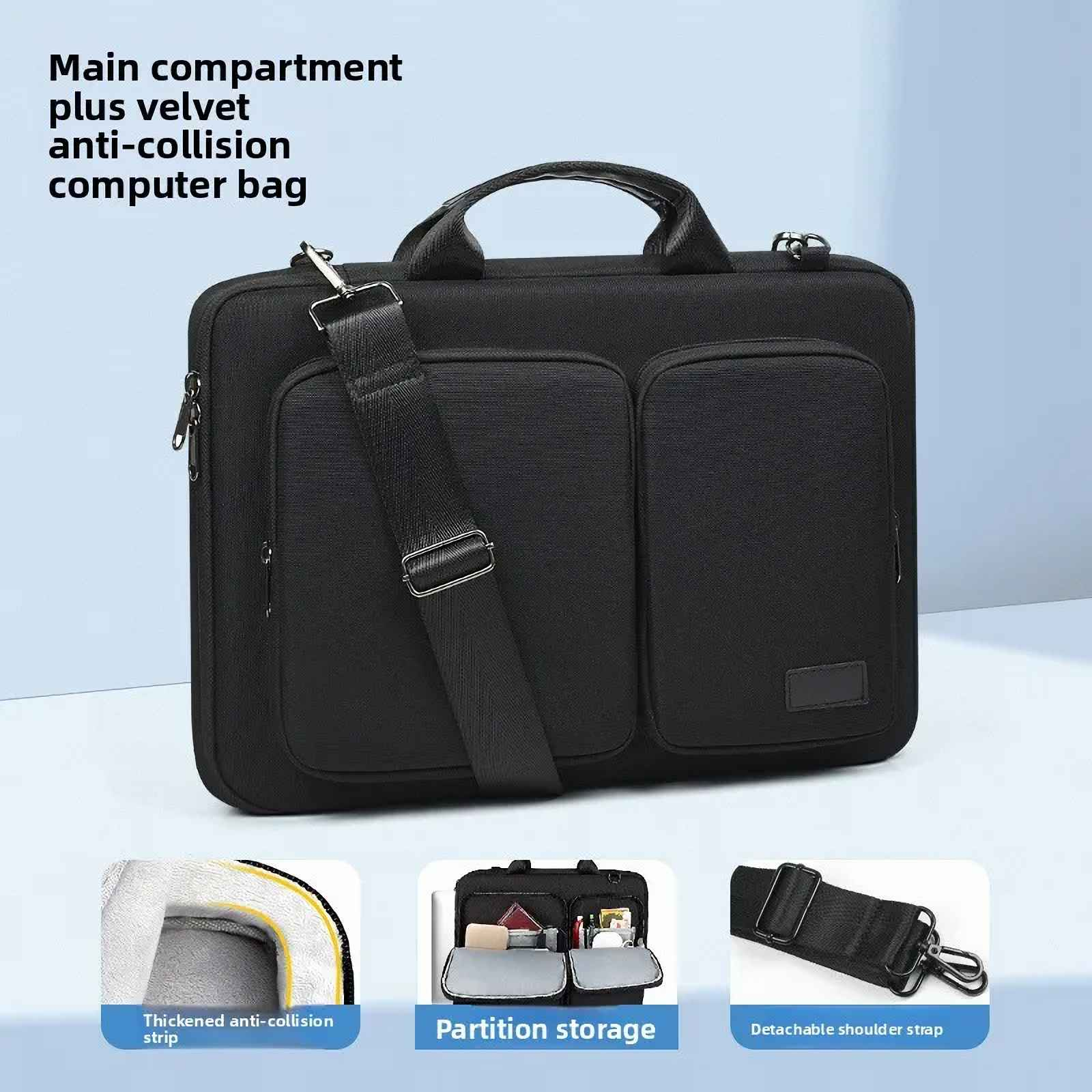 Schwarze Laptoptasche mit Schultergurt. Zu den Merkmalen gehören ein Hauptfach, eine Fachtrennung und ein abnehmbarer Gurt.