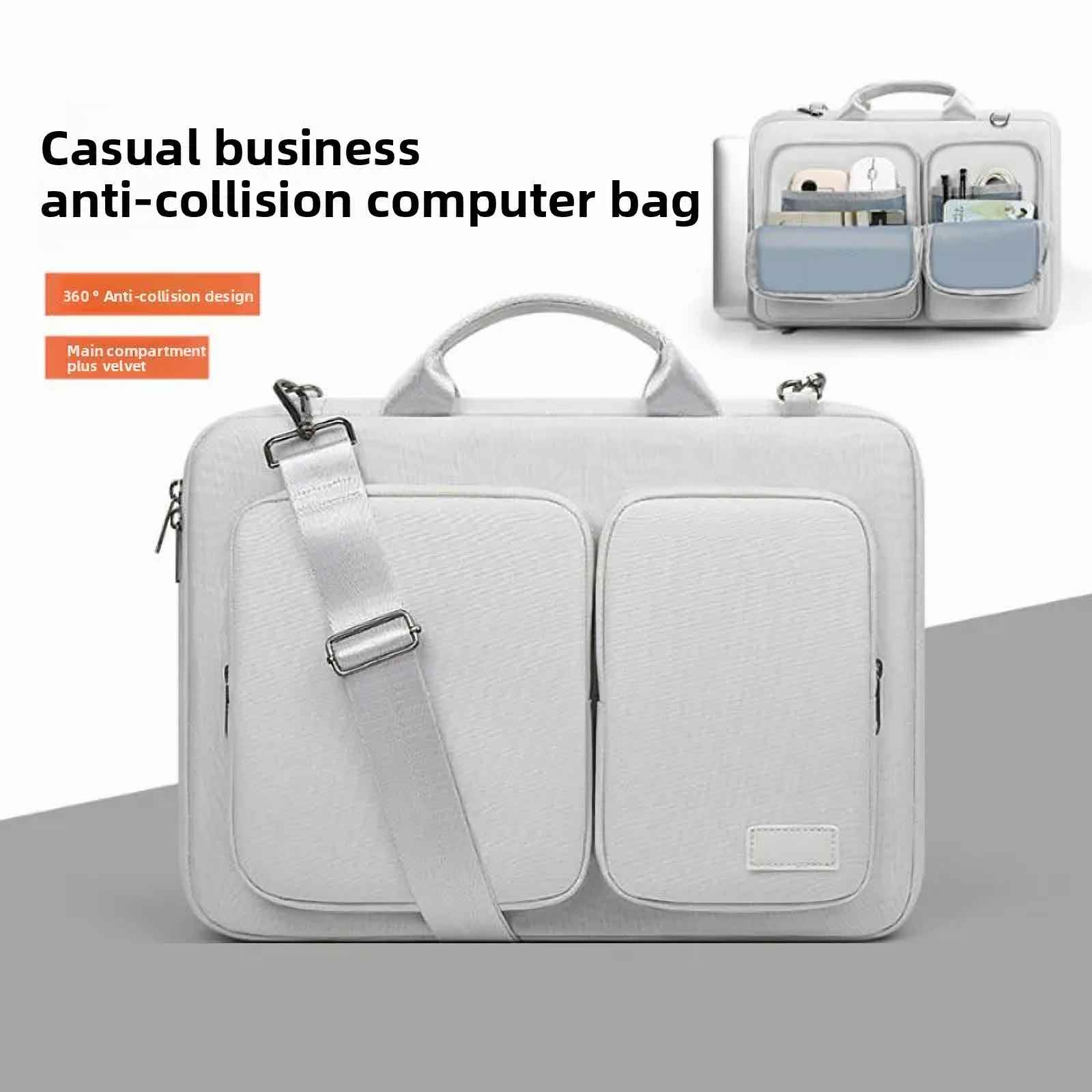 Eine weiße Laptoptasche mit Schultergurt, zwei Fächern und einem Griff. Text: Casual Business Anti-Kollisions-Computer-Tasche.