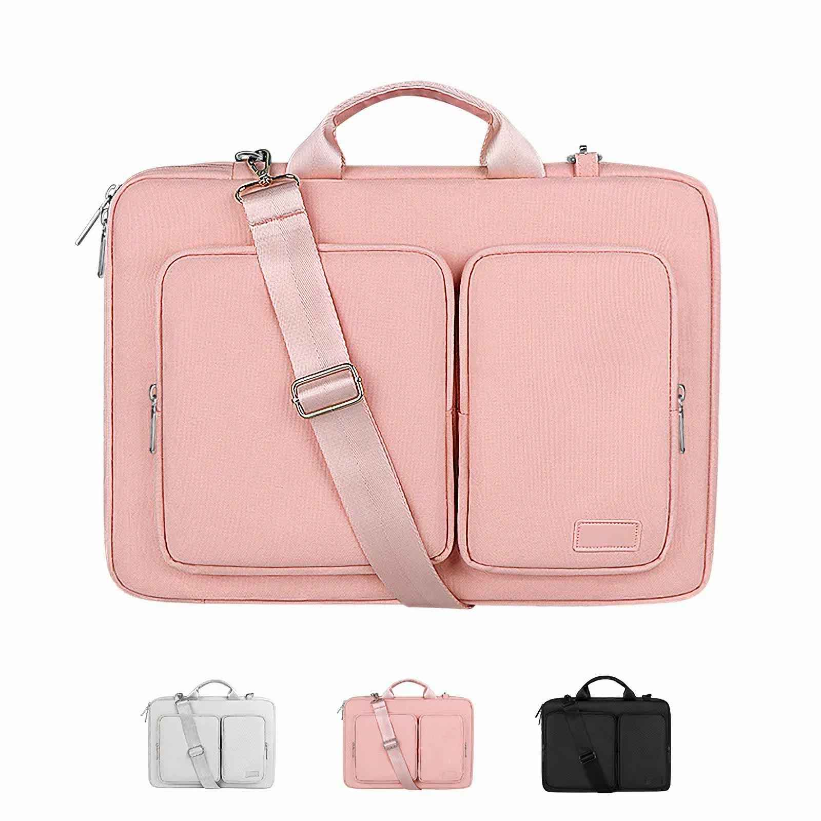 Eine rosa Laptoptasche mit Schultergurt und zwei Vordertaschen. Es gibt auch drei weitere Taschen in Weiß, Rosa und Schwarz.