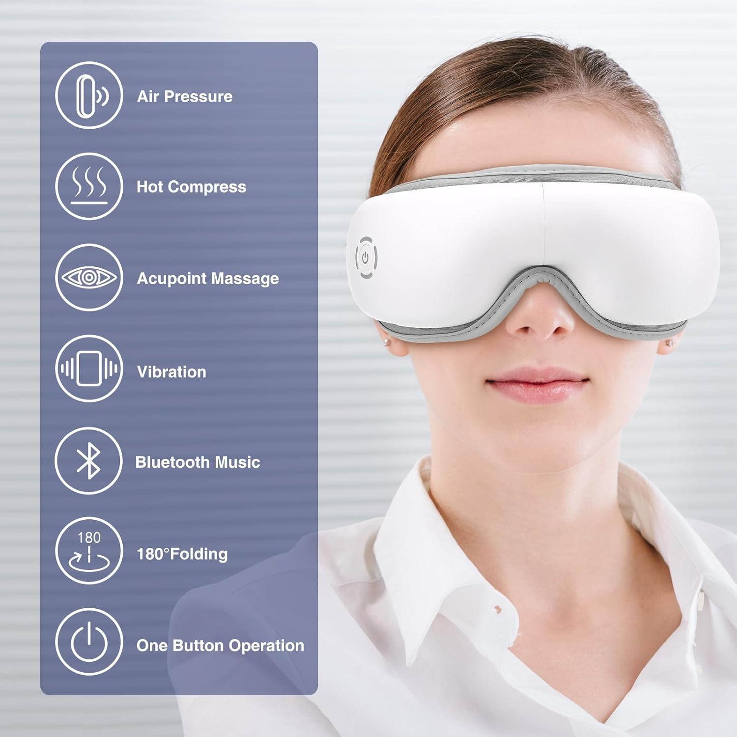 Eine Frau trägt ein weißes Augenmassagegerät. Merkmale sind Luftdruck, Heißkompresse, Akupunktmassage, Vibration und Bluetooth-Musik.