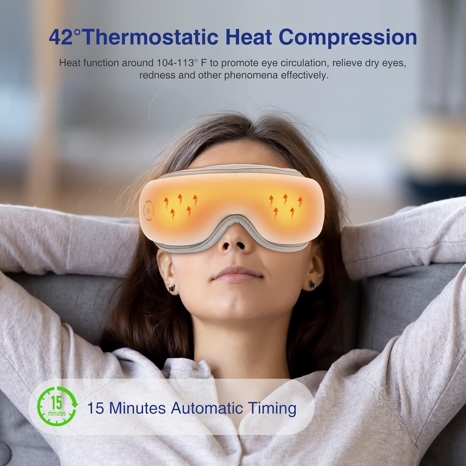 Eine Frau mit einem Augenmassagegerät. Text: 'Thermostatic Heat Compression' und '15 Minuten automatische Zeit'.