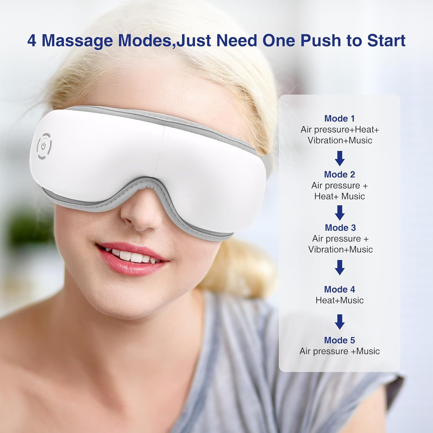 Eine Frau mit einem weißen Augenmassagegerät. Das Bild zeigt die verschiedenen Massagemodi: Luftdruck, Wärme, Vibration und Musik.
