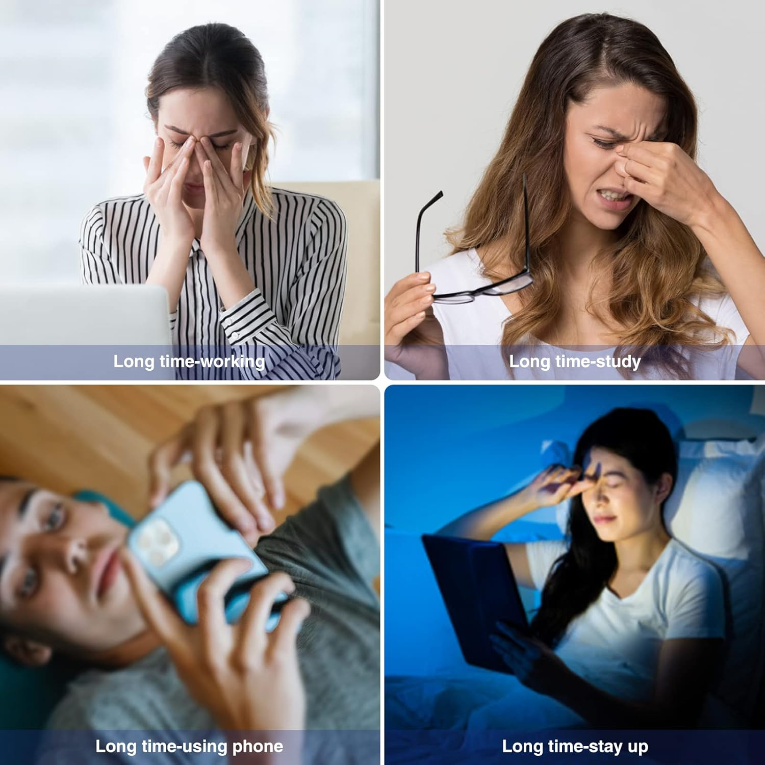 Vier Bilder zeigen Augenbelastung: Arbeiten, Lernen, Telefonieren und langes Aufbleiben. Menschen reiben sich die Augen, in verschiedenen Umgebungen.