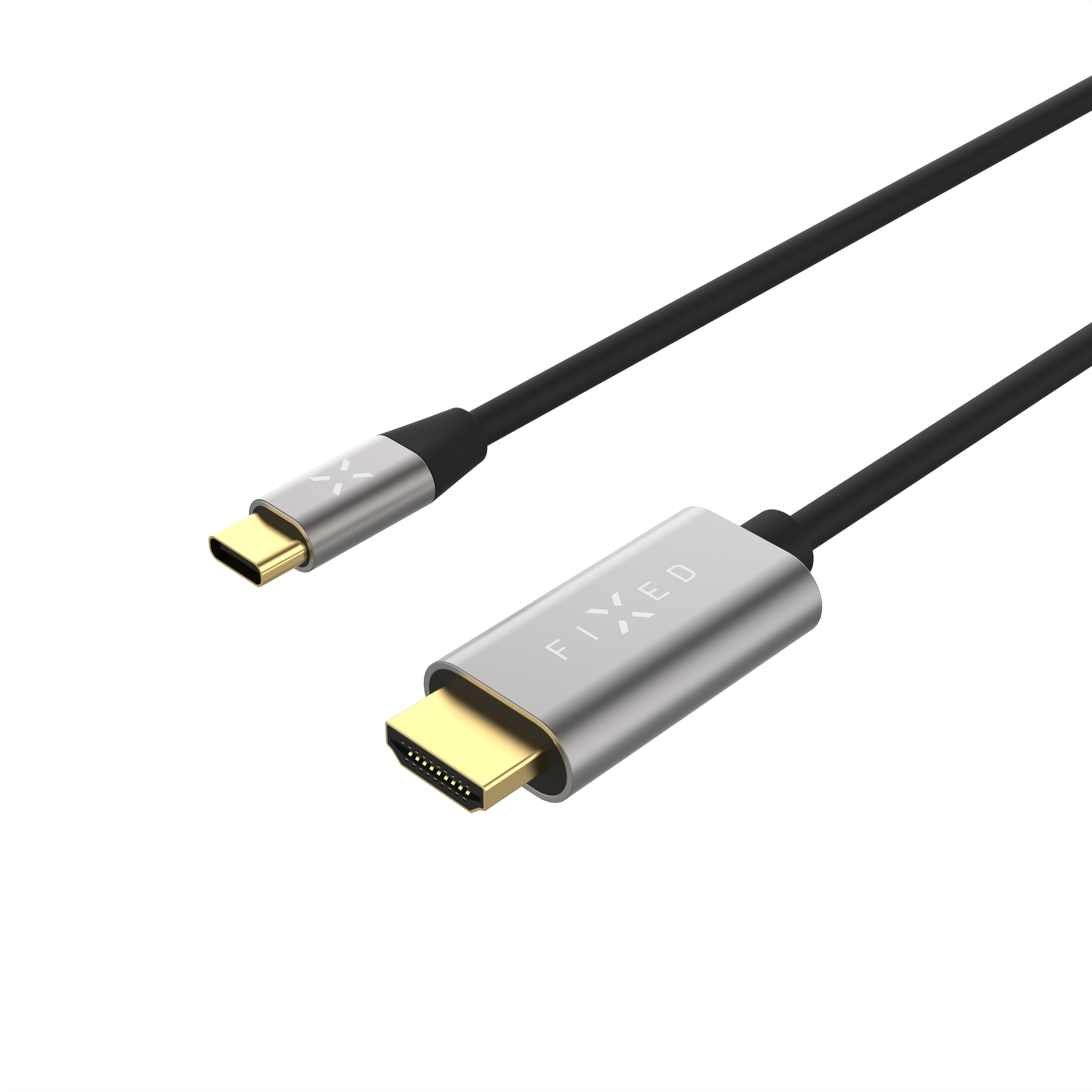 Ein schwarzes und silbernes HDMI-Kabel auf weißem Hintergrund. Ein Ende ist USB-C, das andere HDMI.