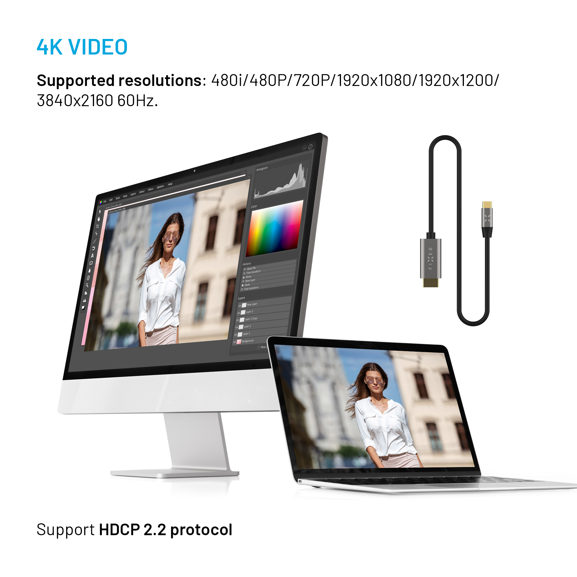 Ein Computermonitor und ein Laptop zeigen das Foto einer Frau. Ein Kabel und Text über Videoauflösungen werden ebenfalls angezeigt.