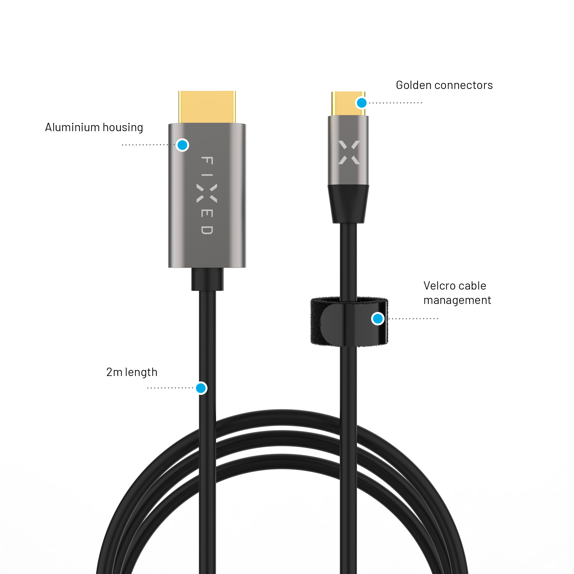 Ein schwarzes Kabel mit goldenen Steckern und einem Aluminiumgehäuse mit der Aufschrift 'FIXED'. Es hat ein Klett-Kabelmanagement.