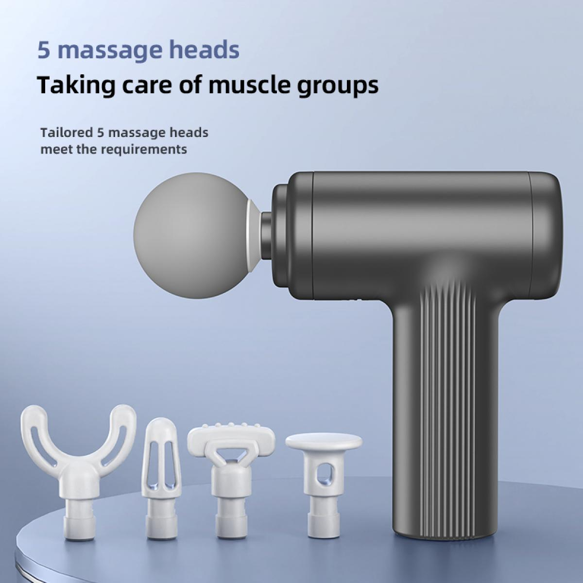 Eine Massagepistole mit 5 Aufsätzen. Die Pistole ist schwarz, mit einem grauen, runden Kopf. Vier weiße Massageköpfe sind unten.