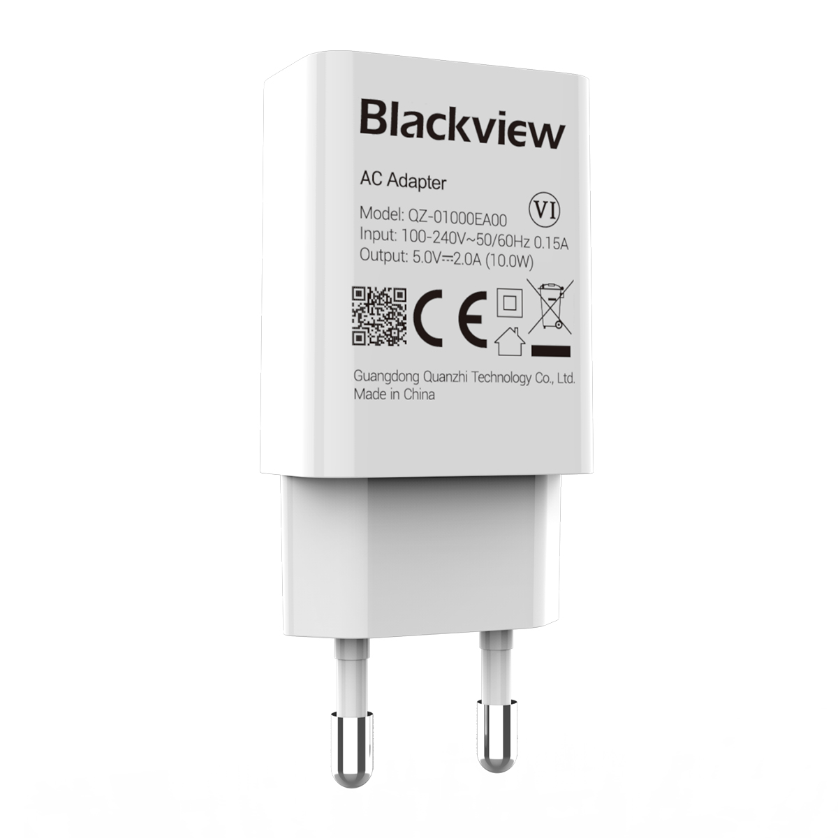Un adaptador de CA Blackview blanco con dos clavijas. Tiene texto que indica el modelo, la entrada, la salida y los detalles del fabricante.