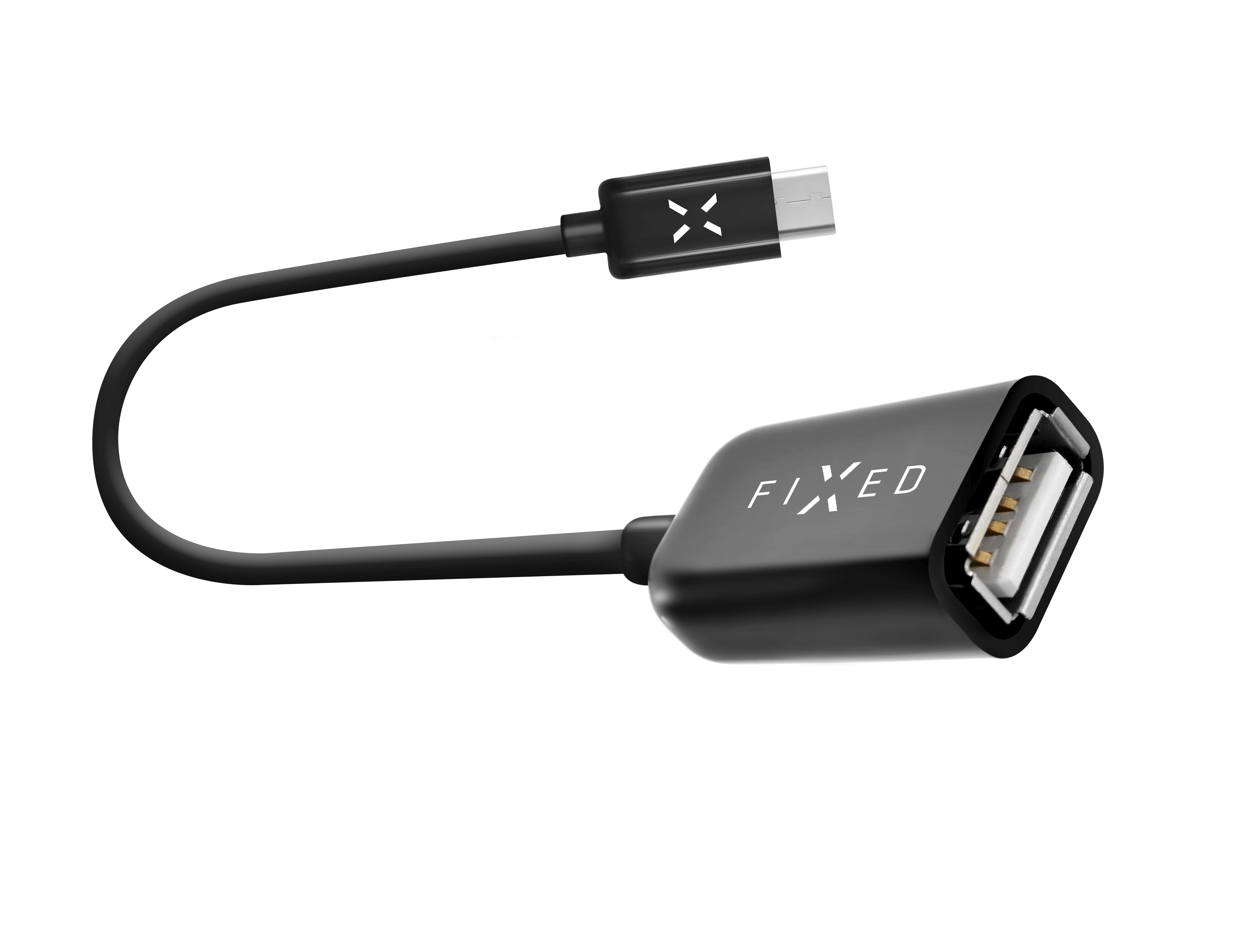 Ein schwarzes USB-Adapterkabel mit USB-A- und USB-C-Anschlüssen. Das Logo "FIXED" befindet sich auf dem Adapter.