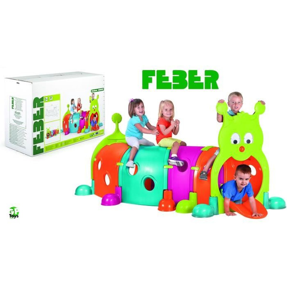 Bambini giocano su una struttura gioco a forma di bruco colorata. Scatola a sinistra. La parola FEBER in verde.