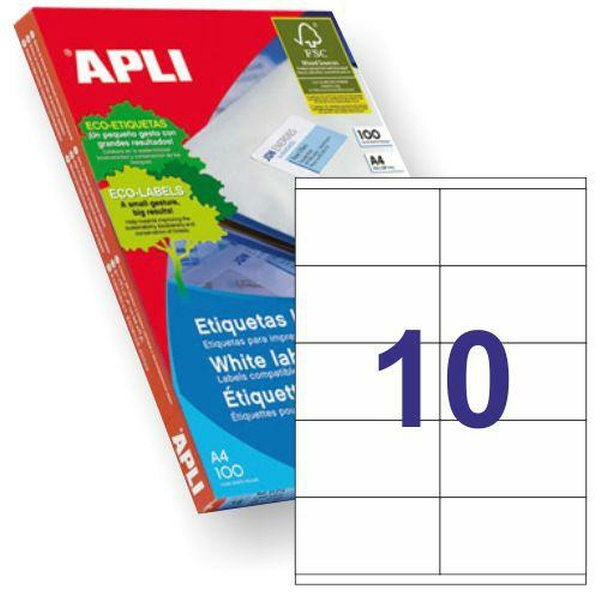 Eine Schachtel mit APLI-Eco-Etiketten und einem Bogen weißer Etiketten mit der Nummer 10.