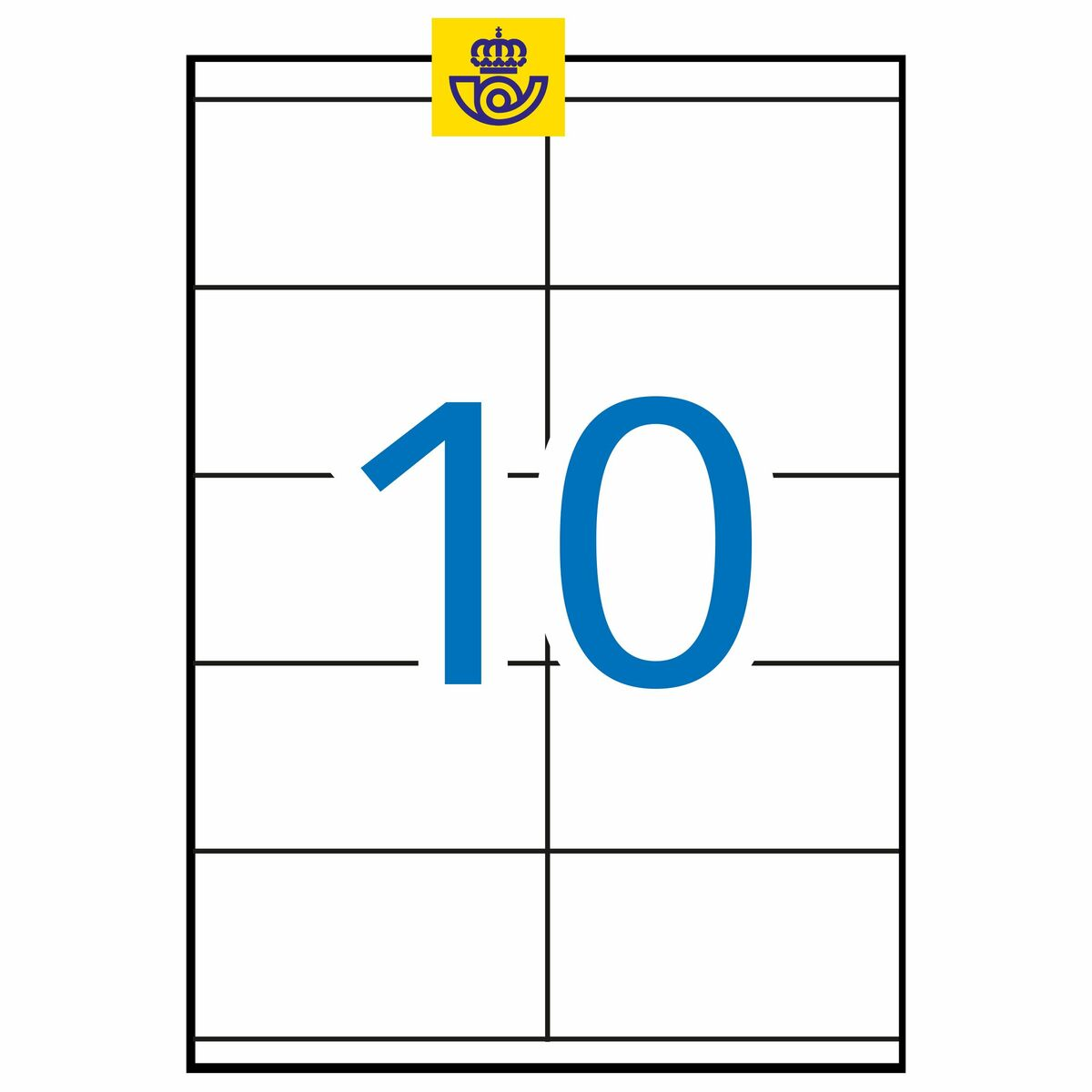 Ein Bogen weißer Etiketten mit schwarzen Gitterlinien. Die Zahl 10 ist blau und ein gelbes Logo mit Krone befindet sich oben.