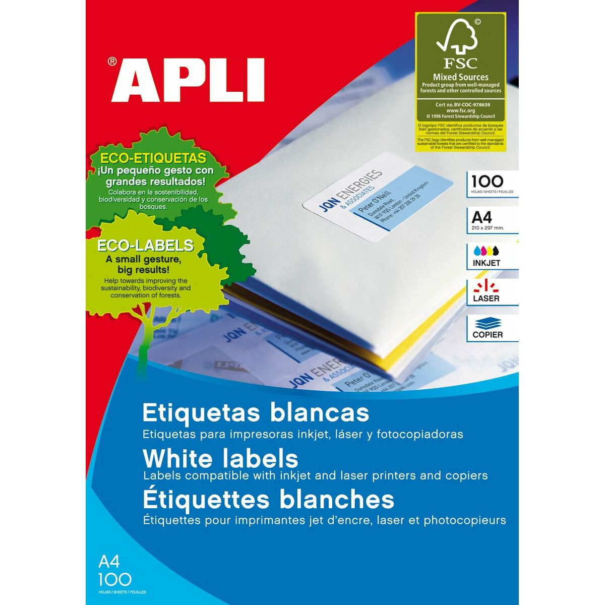 Ein Etikettenpaket mit Text und Logos, einschließlich FSC und APLI. Text enthält 'Eco-Labels' und 'White labels'.
