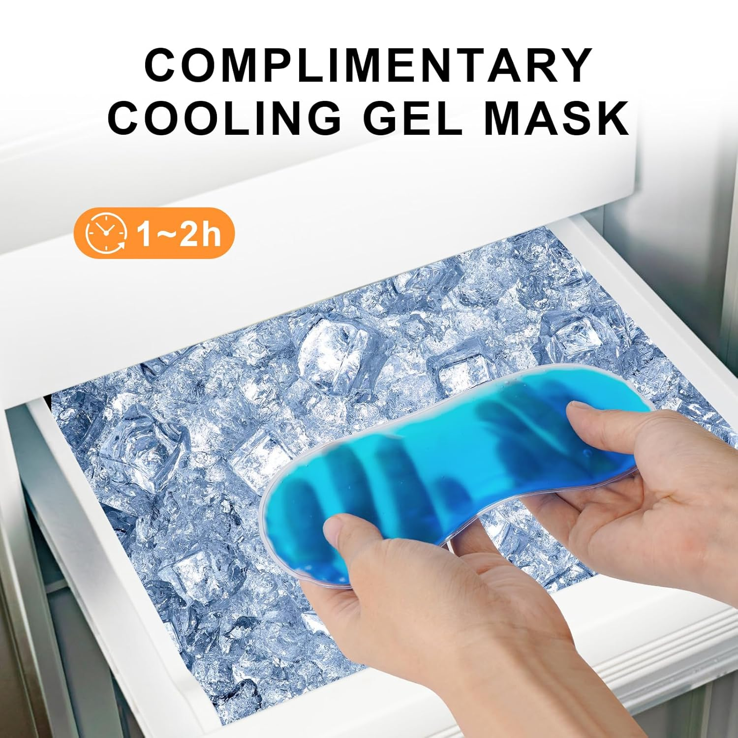 Eine blaue Kühlgelmaske wird über Eiswürfeln in einer Kühlschublade gehalten. Der Text oben lautet 'Kostenlose Kühlgelmaske'.