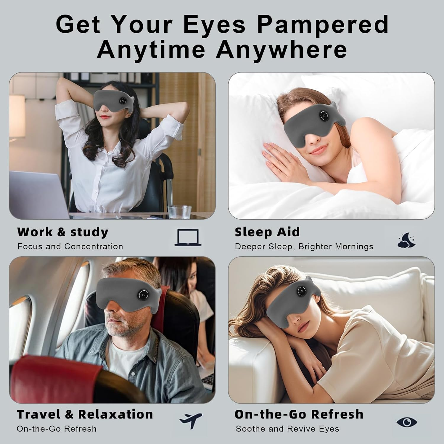 Das Bild zeigt vier Szenarien von Personen, die ein Augenmassagegerät verwenden: Arbeiten, Schlafen, Reisen und Entspannen auf einer Couch, alle mit grauen Augenmasken.