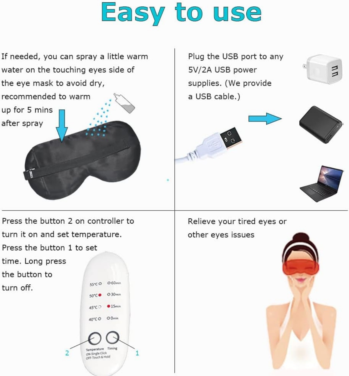 Anleitung für eine Augenmaske: Mit Wasser besprühen, USB anschließen, Controller verwenden, und Frau mit Maske.