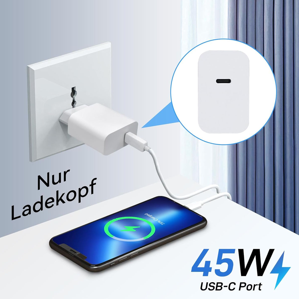 Ein weißes Ladegerät, das an eine Steckdose angeschlossen ist und mit einem Telefon verbunden ist, das zu 75 % geladen wird. Ein 45-W-USB-C-Anschluss wird beworben.