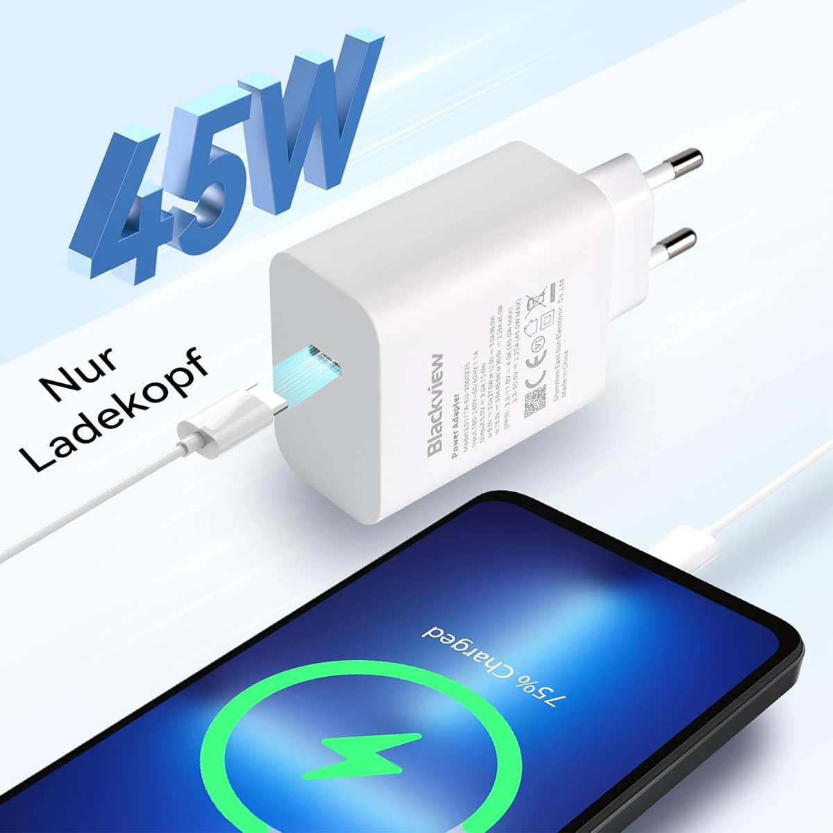 Ein weißes Ladegerät mit Kabel, das mit einem Telefon verbunden ist, das zu 75 % geladen wird. Blauer 45W-Text im Hintergrund.