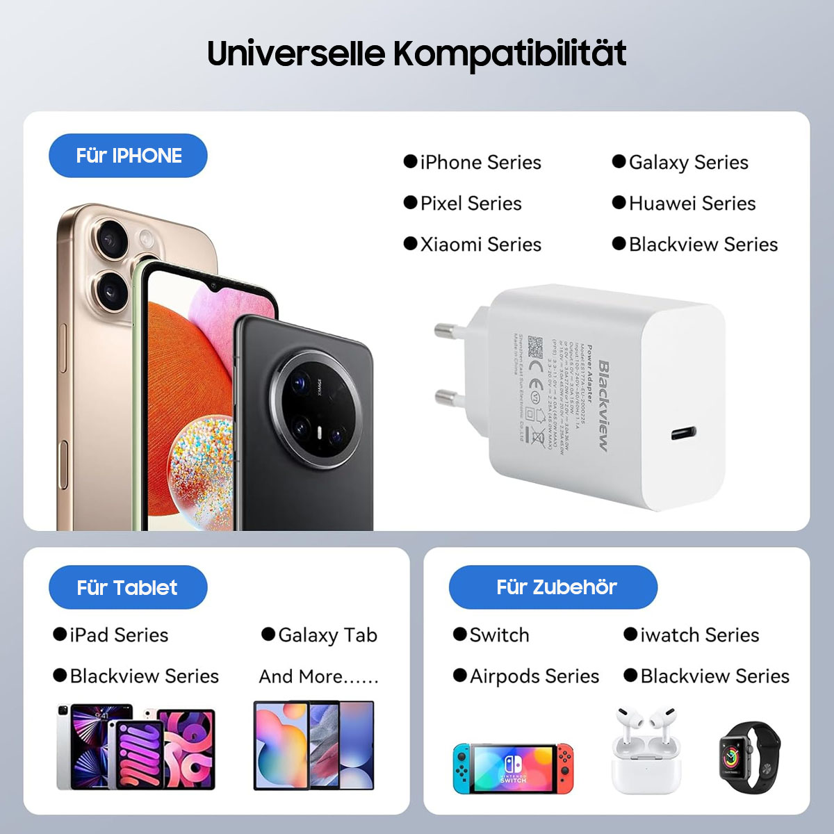 Das Bild zeigt Handys, ein Ladegerät und Zubehör. Text listet die Kompatibilität mit verschiedenen Telefonmarken und anderen Geräten auf.