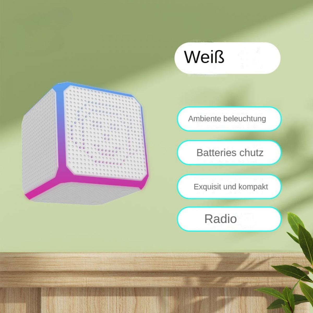 Ein weiß-lilafarbener Lautsprecher auf grünem Hintergrund. Es hat Funktionen, die auf Deutsch beschriftet sind, darunter "Radio" und "Batterieschutz".