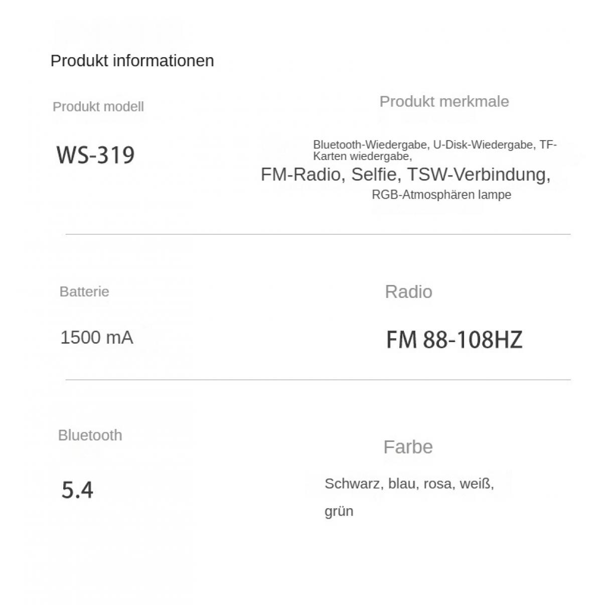 Ein Produktinformationsblatt. Es listet das Modell WS-319, Funktionen wie UKW-Radio und Farben auf: Schwarz, Blau, Rosa, Weiß und Grün.