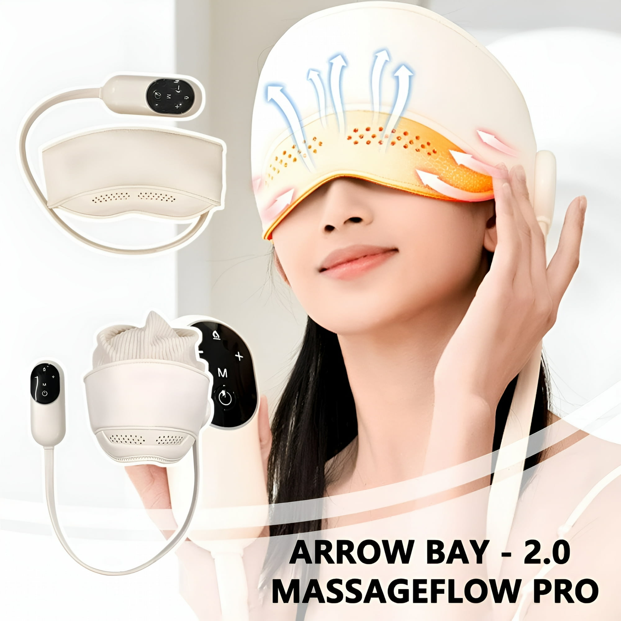 Frau mit Augenmassagegerät. Das Gerät ist weiß mit einem Controller. Text unten sagt Massageflow Pro.