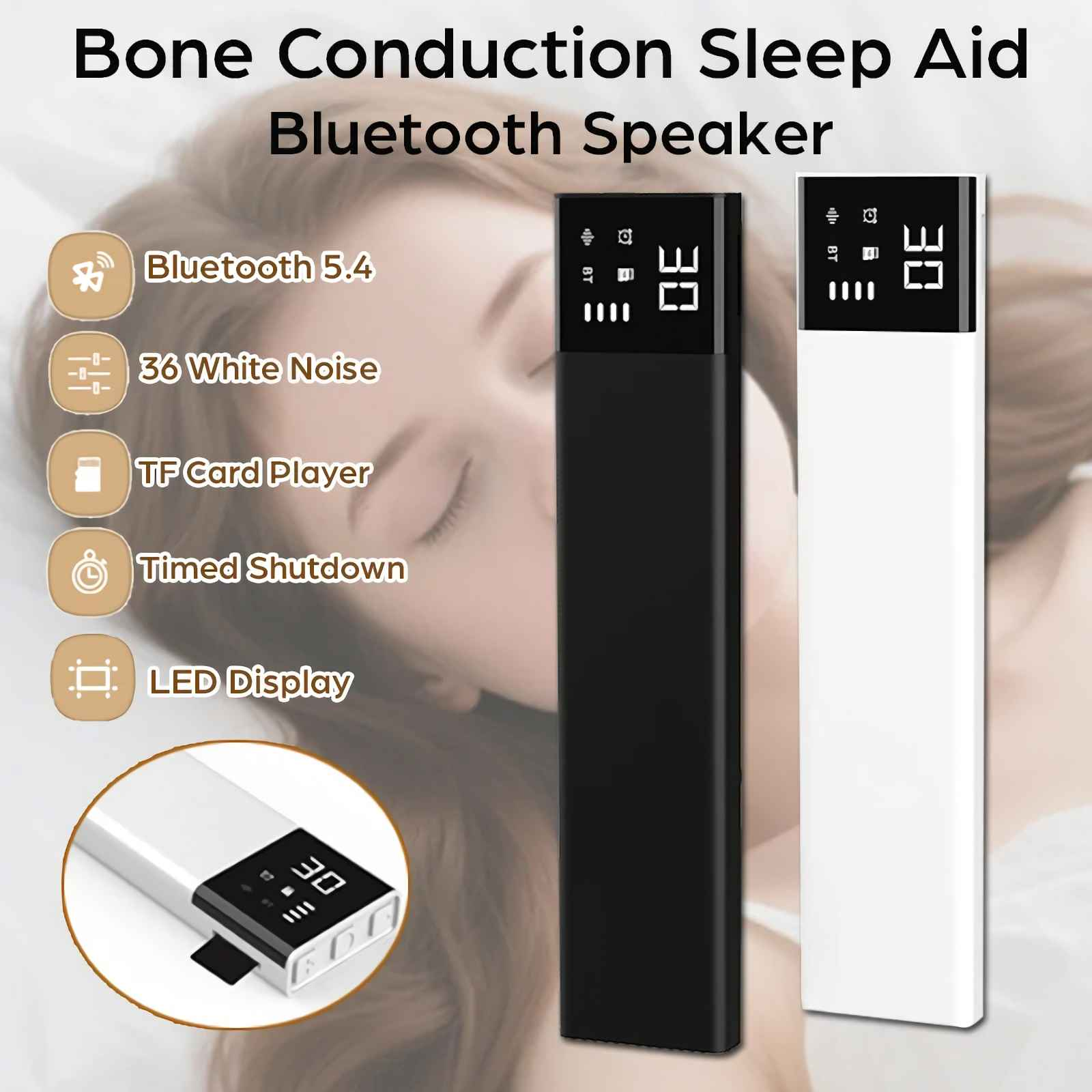 Das Bild zeigt einen schwarzen und einen weißen Bluetooth-Lautsprecher. Zu den Merkmalen gehören Bluetooth 5.4, LED-Anzeige und Timer.