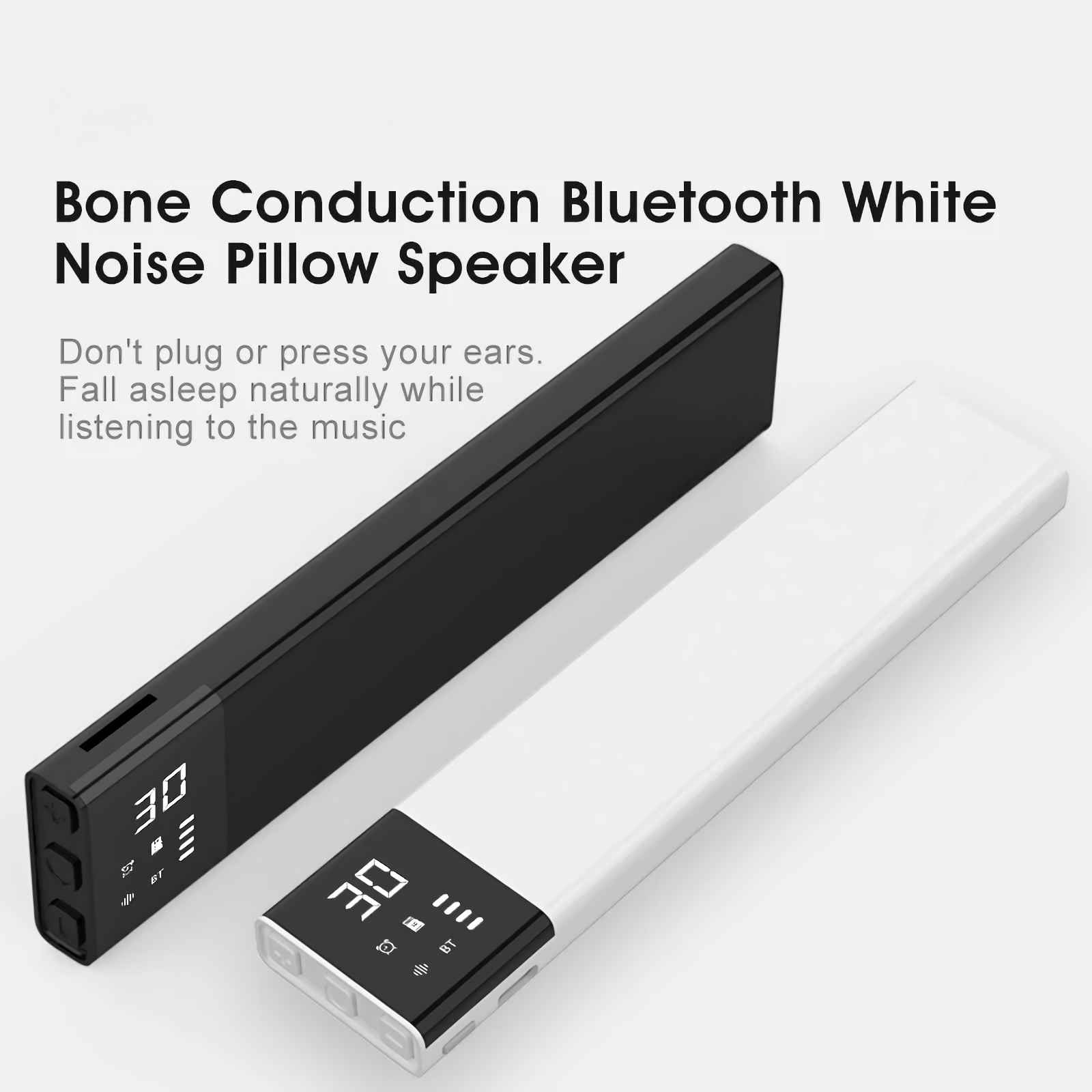 Das Bild zeigt einen schwarzen und einen weißen Knochenleitungslautsprecher mit digitaler Anzeige. Text: 'Bone Conduction Bluetooth Pillow Speaker'.