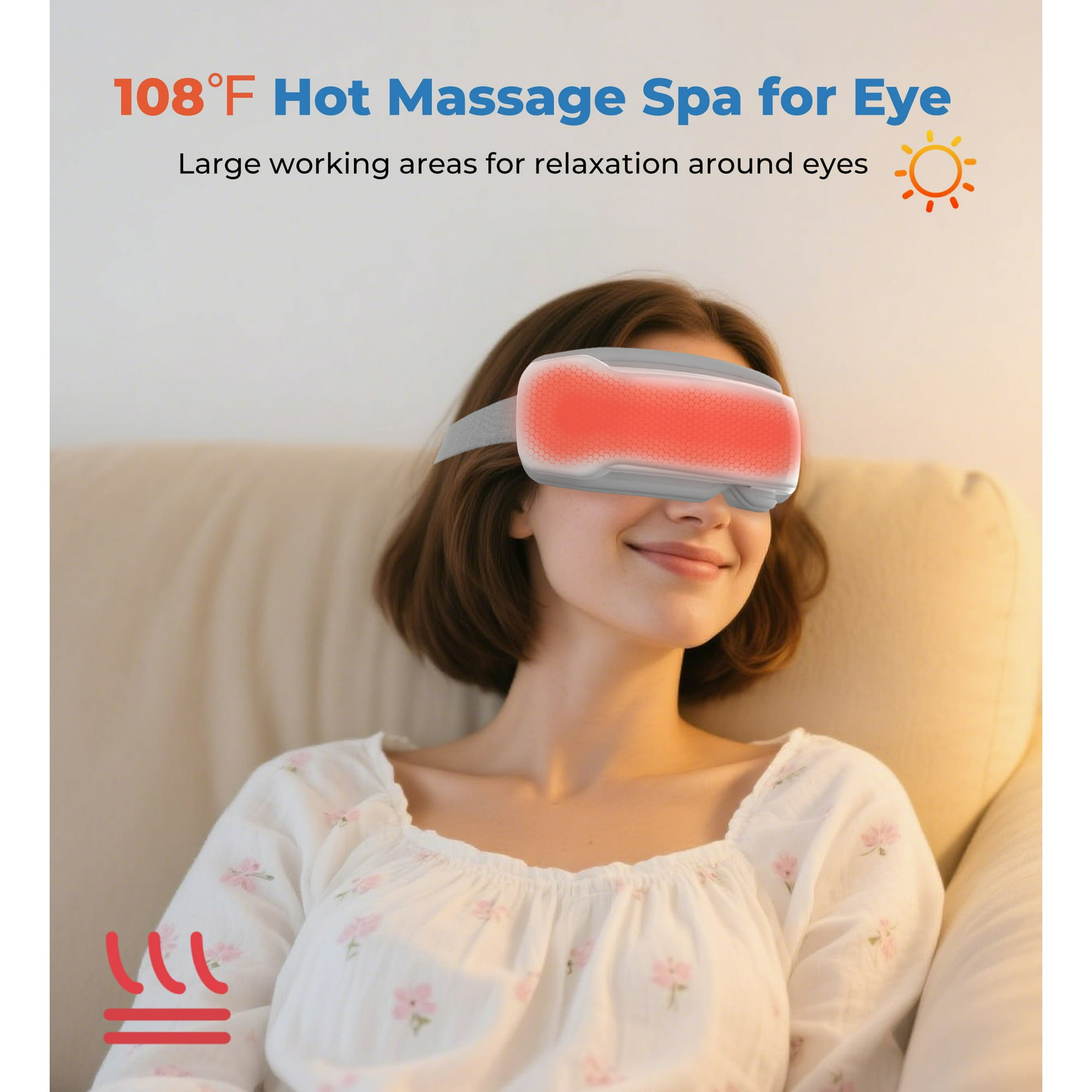 Eine Frau mit einer Augen-Spa-Maske. Oben steht 108°F Hot Massage Spa for Eye. Sie lächelt.