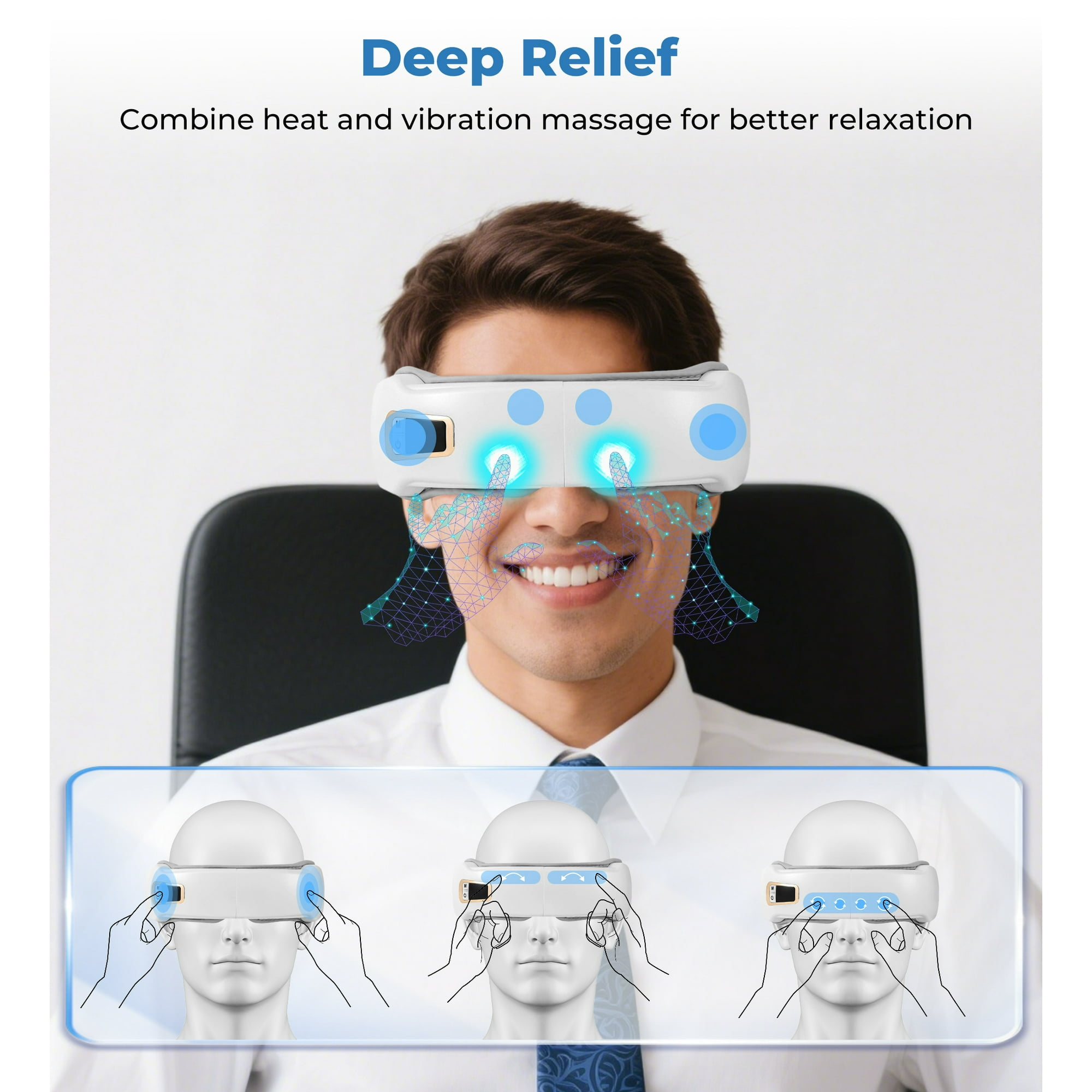 Mann mit weißem Augenmassagegerät. Das Bild zeigt die Funktion des Produkts, mit blauen Lichteffekten und einem Diagramm.
