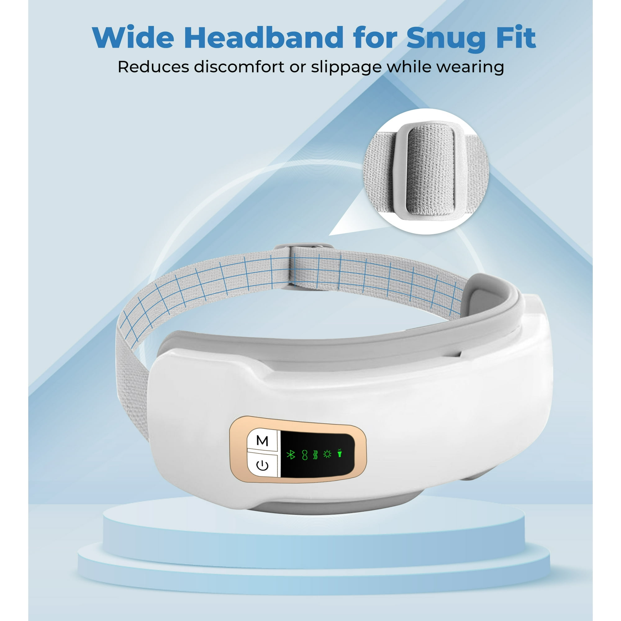 Weißes Augenmassagegerät mit breitem Stirnband. Es hat ein digitales Display und steht auf einer blauen Plattform.