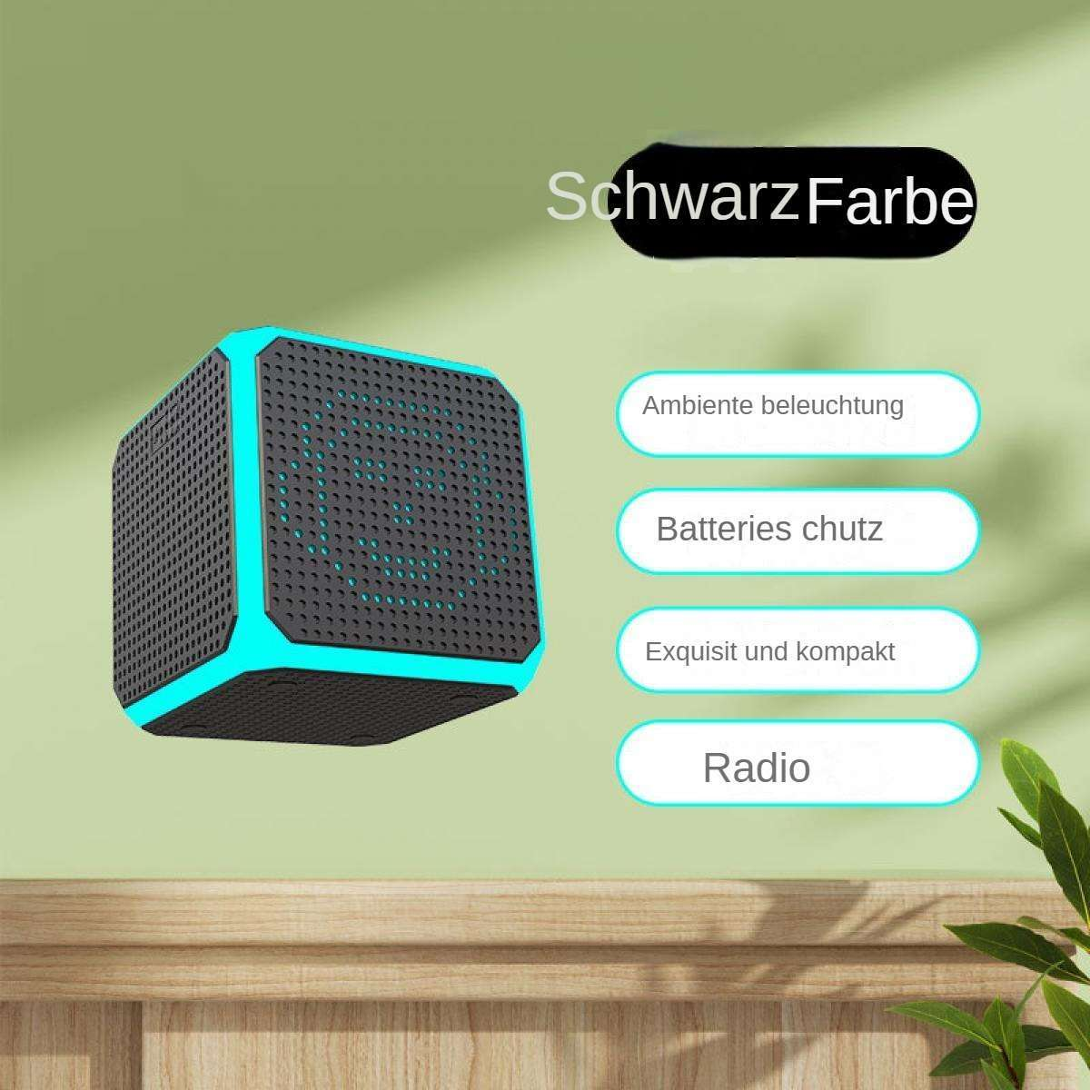 Quadratischer schwarzer und türkisfarbener Lautsprecher. Text: SchwarzFarbe, Ambiente beleuchtung, Batteries chutz, Exquisit und kompakt, Radio.