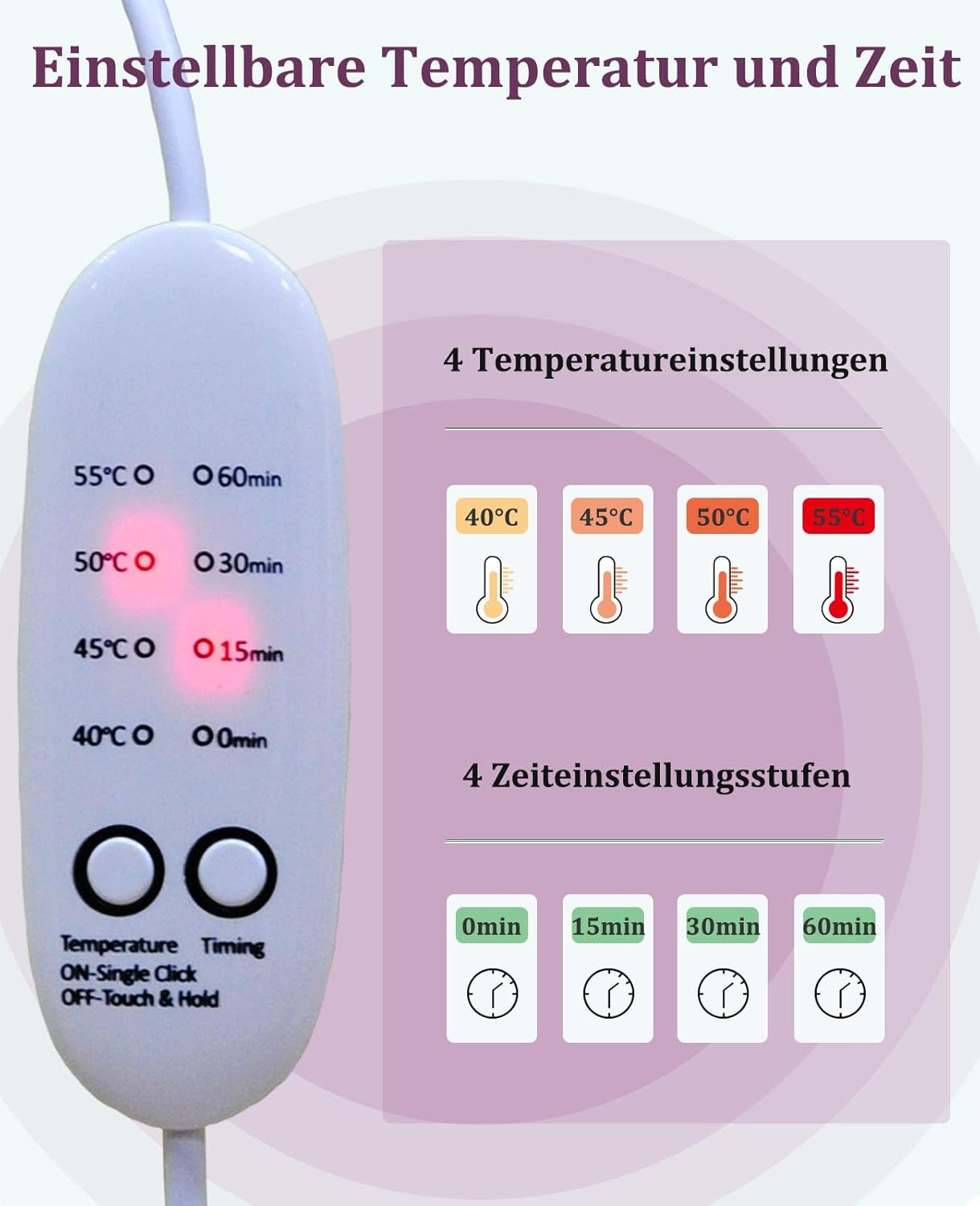 Ein weißer Temperaturregler mit Temperatur- und Zeiteinstellungen. Zeigt Optionen wie 40°C, 45°C, 50°C und 55°C sowie Zeitangaben an.
