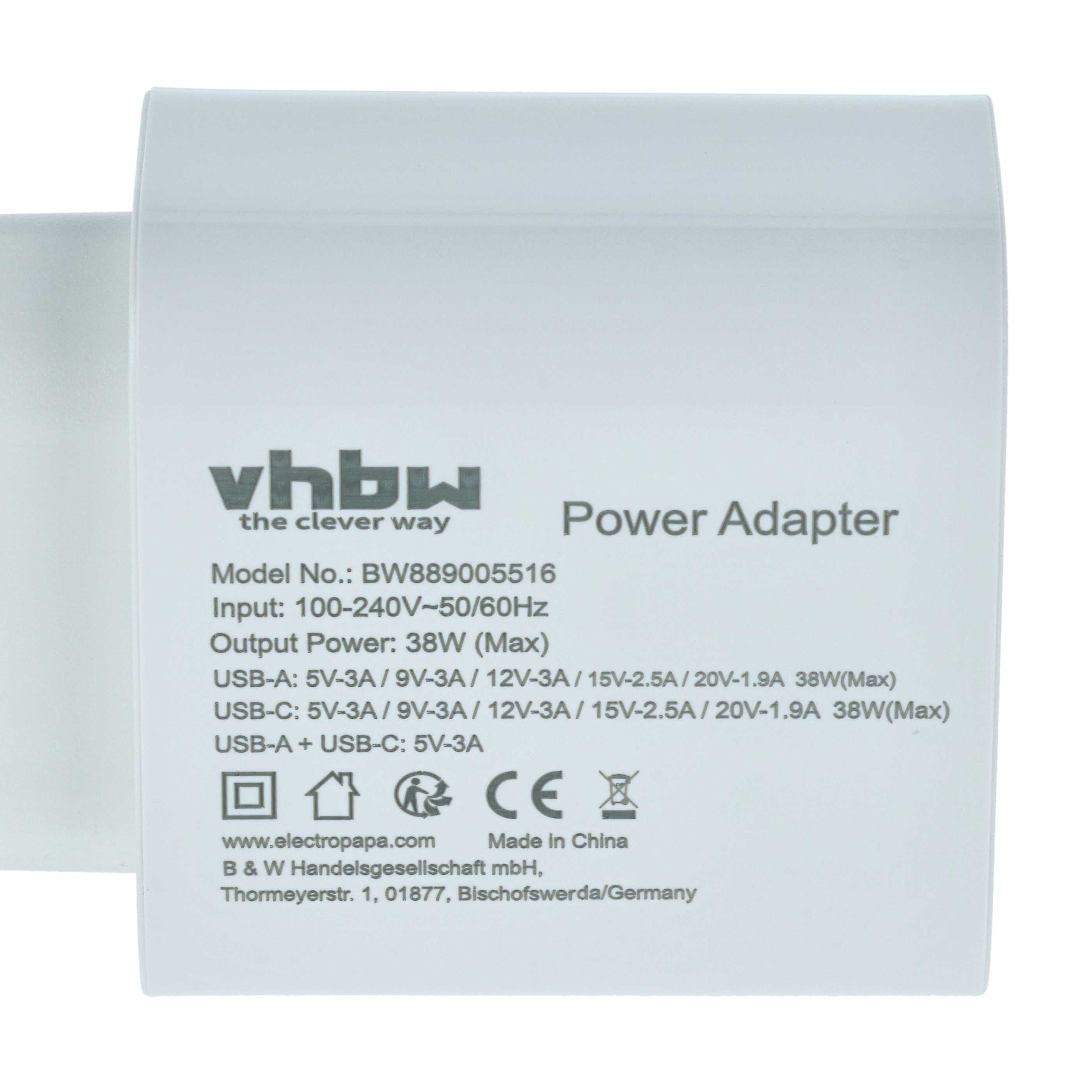 Ein weißes Netzteil mit Text. Es steht vhbw, Power Adapter, Modell-Nr., Eingang, Ausgangsleistung und USB-Informationen.