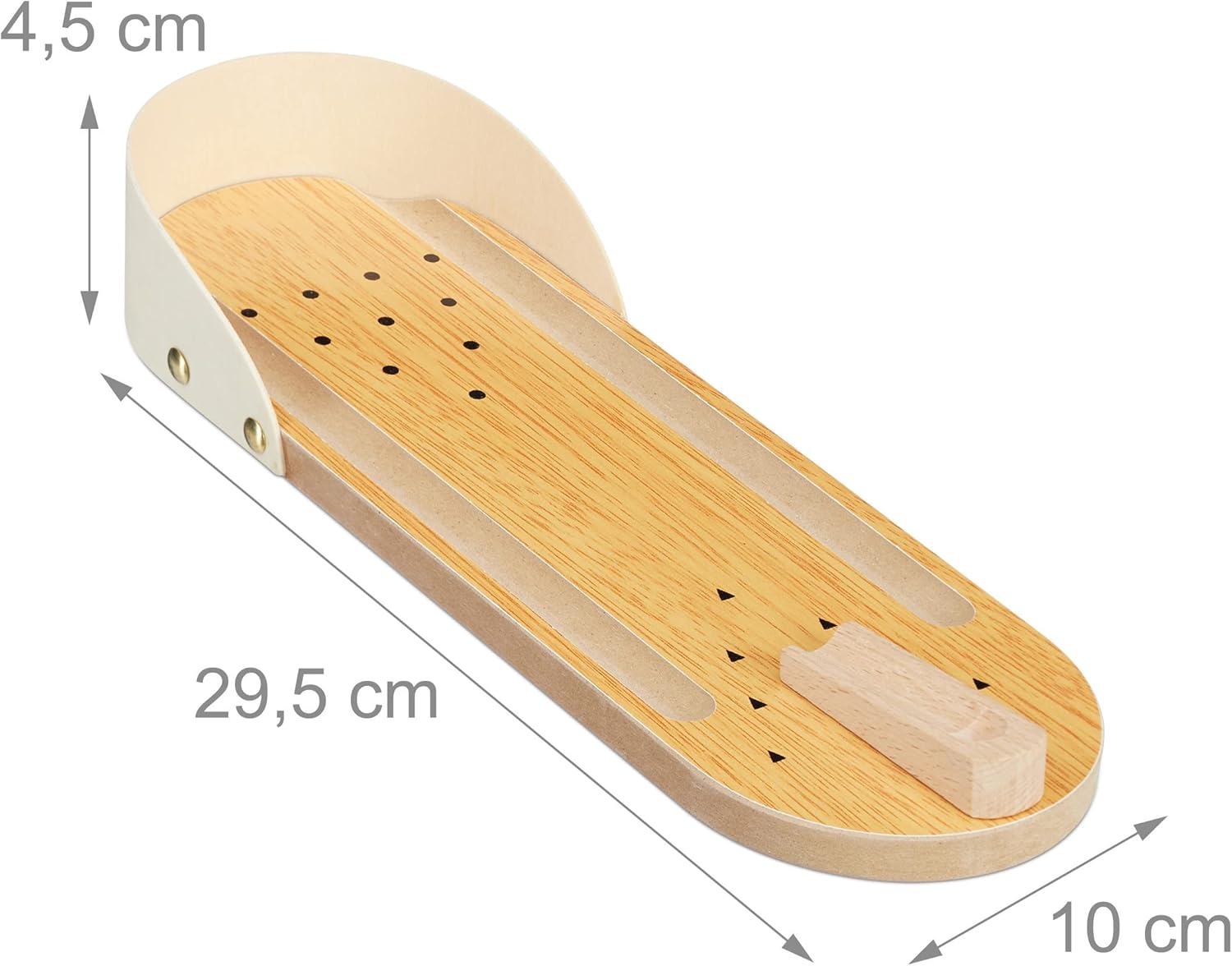 Skeeball-Spiel aus Holz mit hellbraunem Holz und einer gebogenen Rückwand. Schwarze Punkte markieren die Stiftpositionen. Abmessungen sind angegeben.
