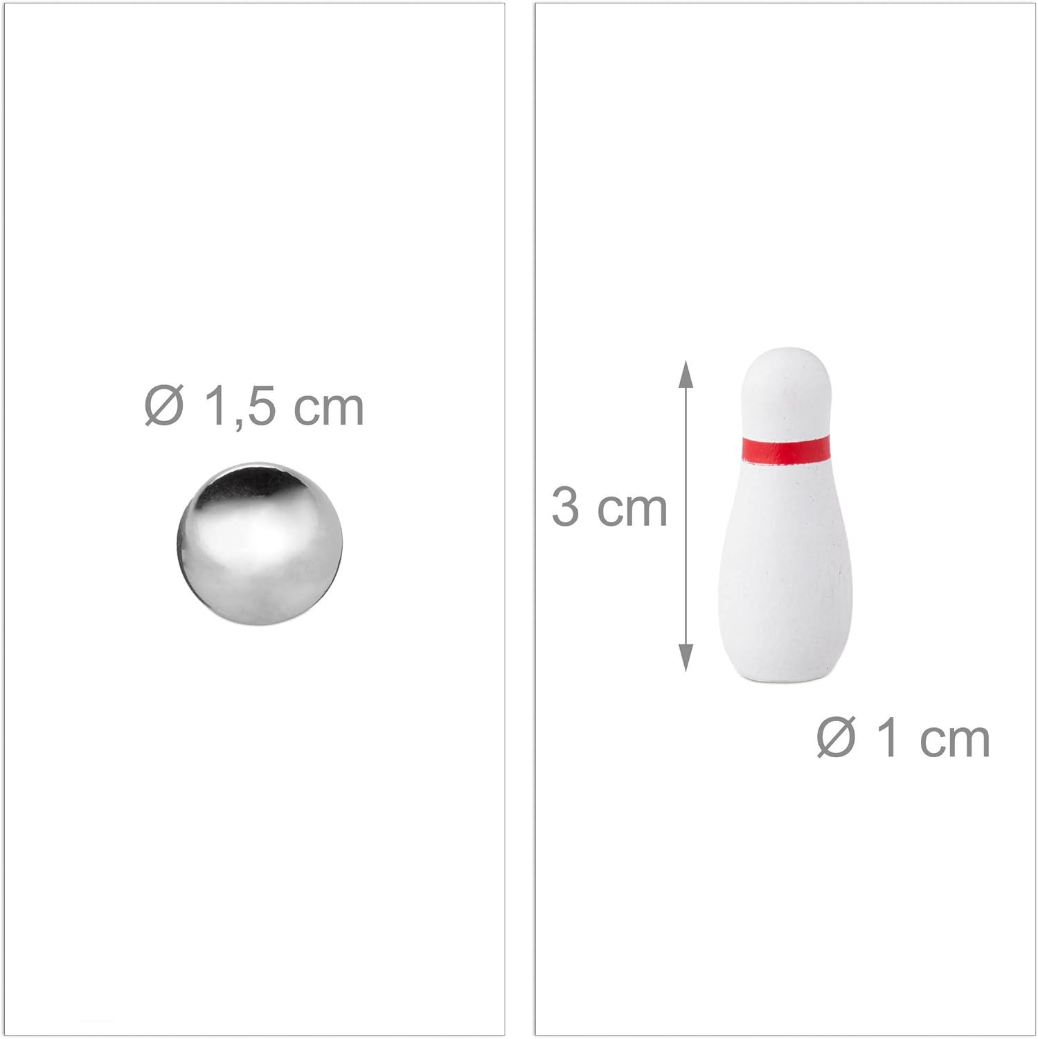 Das Bild zeigt eine Kegel und eine silberne Kugel. Kegel ist weiß mit rotem Band, 3 cm hoch, 1 cm Durchmesser. Kugel 1,5 cm Durchmesser.